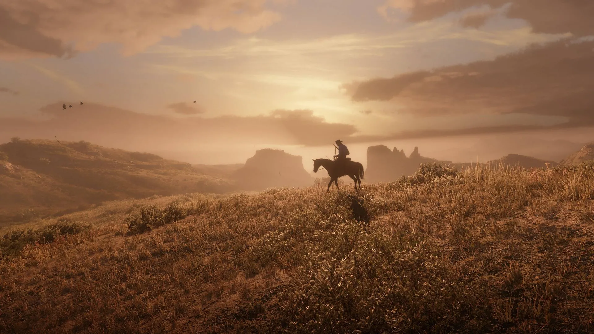 Cảnh quan hùng vĩ trong Red Dead Redemption 2 vào lúc hoàng hôn, biểu tượng của game AAA