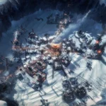 Cảnh quan thành phố băng giá New London bao quanh lò hơi trung tâm trong Frostpunk 1886