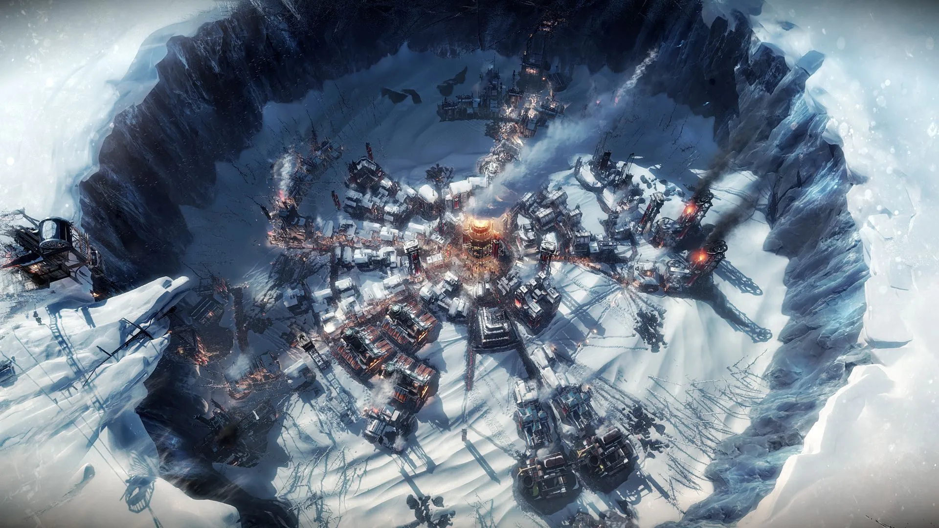 Cảnh quan thành phố băng giá New London bao quanh lò hơi trung tâm trong Frostpunk 1886