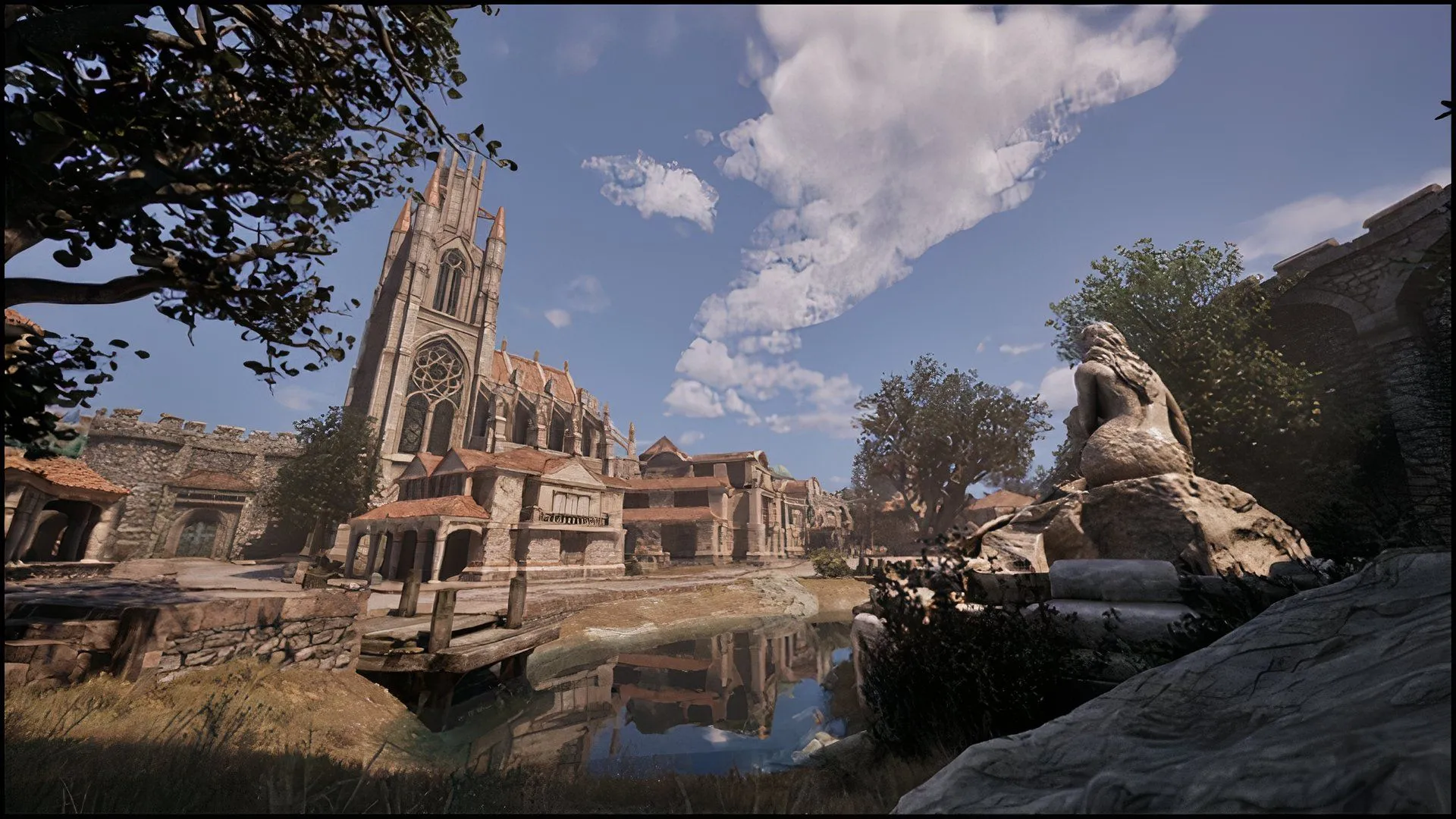 Cảnh quan thành phố trong Oblivion Remastered với đồ họa hiện đại, cân nhắc khi vô hiệu hóa Lumen cho hiệu suất
