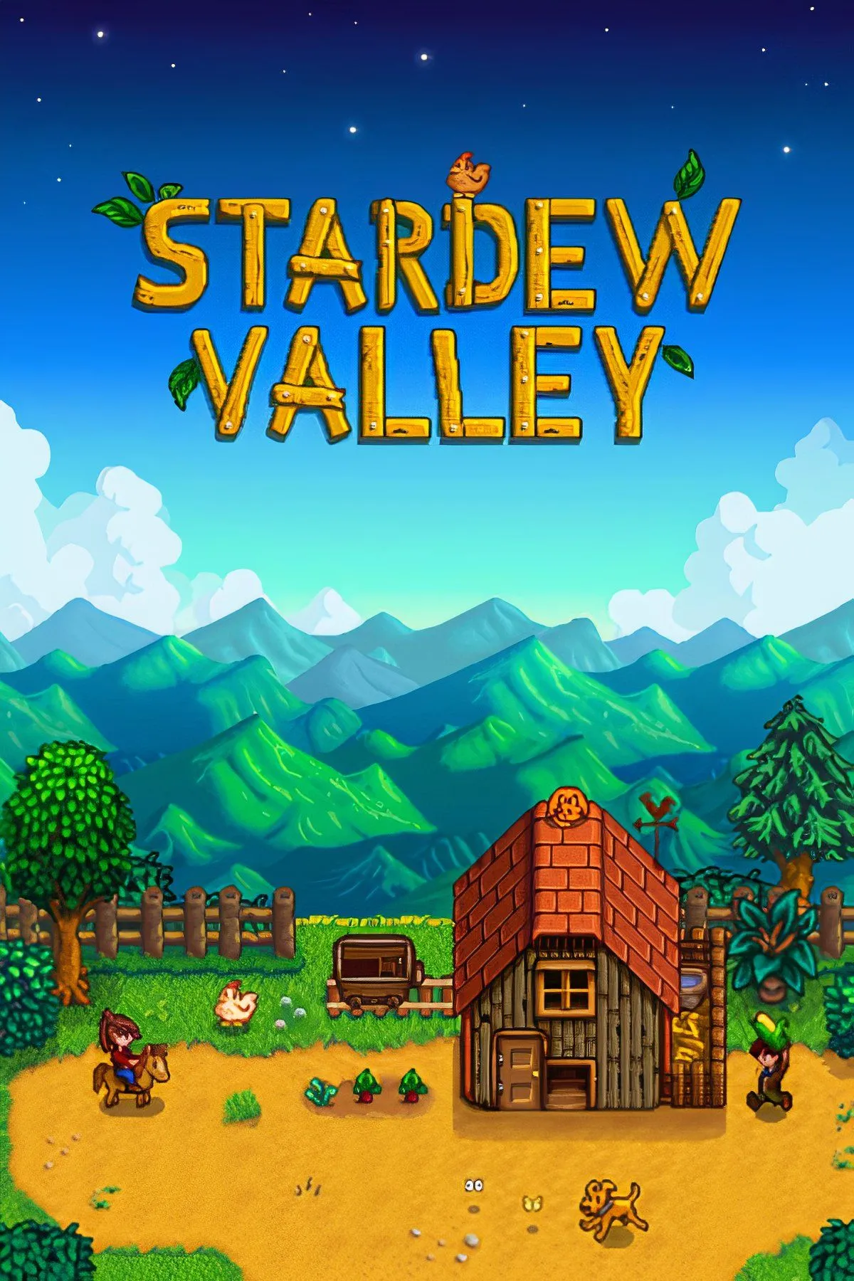 Cảnh quan trang trại Stardew Valley với các loại cây trồng, vật nuôi và phong cách pixel art ấm cúng