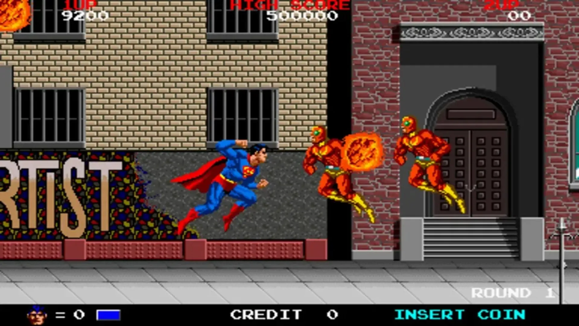 Cảnh Superman chiến đấu với kẻ thù trong tựa game thùng cổ điển Superman: The Video Game (1988), minh họa lối chơi hành động đánh đấm đặc trưng.