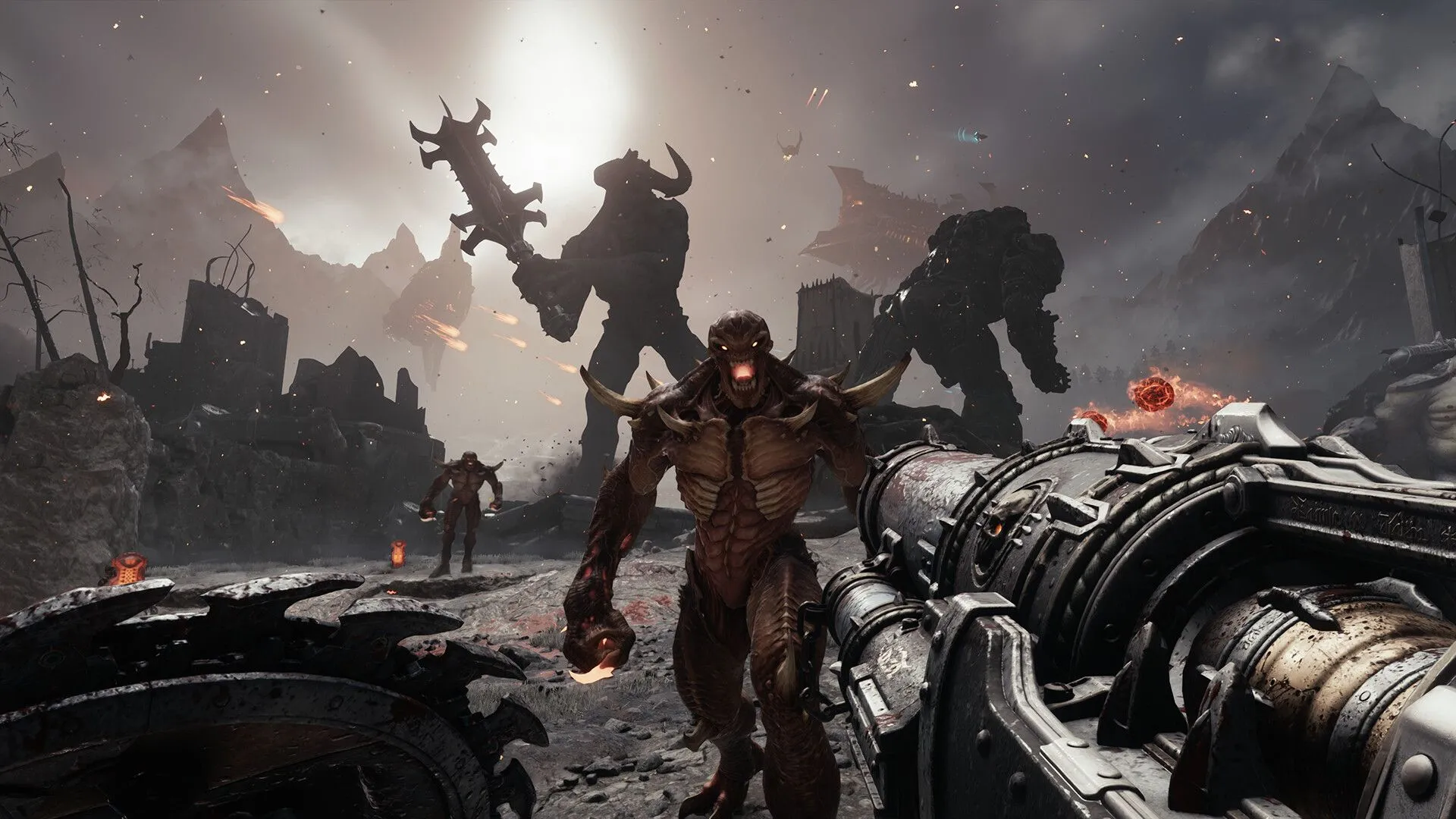 Cảnh tượng Doom Slayer cưỡi rồng trong một màn chơi không chiến của Doom: The Dark Ages, tập trung vào cơ chế bắn súng trên lưng rồng và kẻ thù bay.