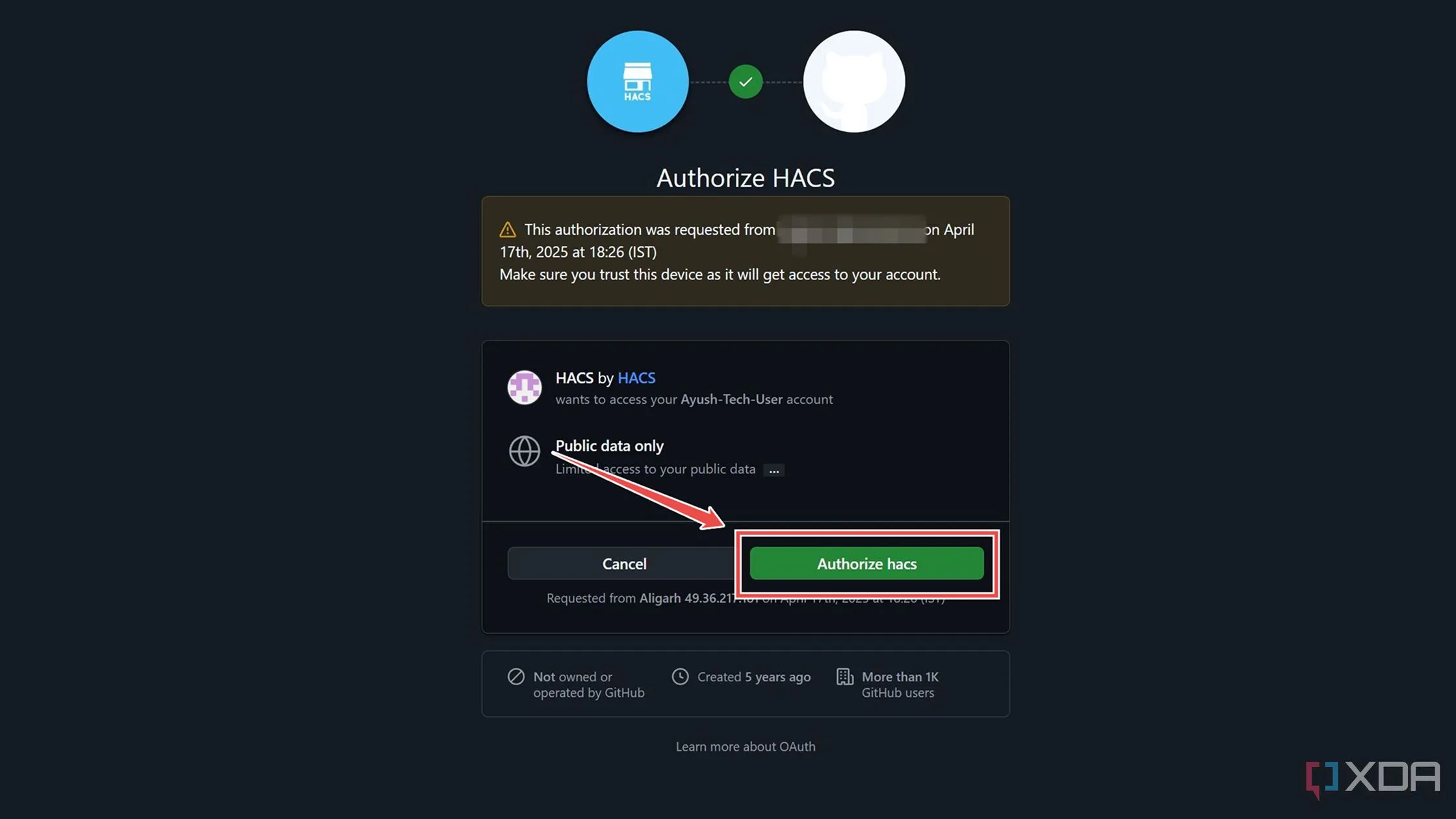 Cấp quyền cho HACS thông qua tài khoản GitHub của bạn để hoàn tất thiết lập