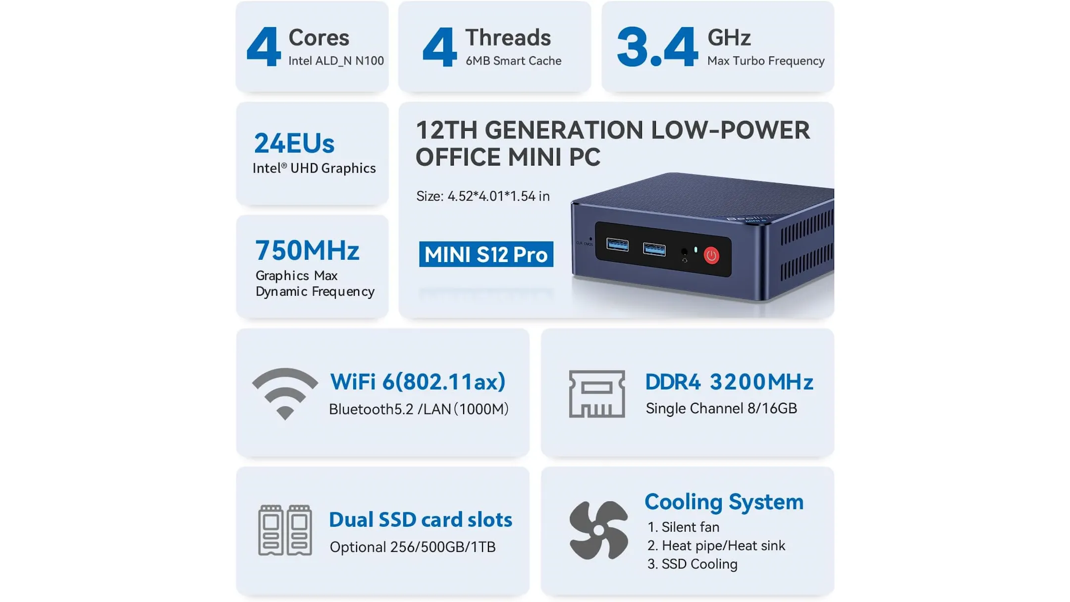 Cấu hình Beelink S12 Pro với chip Intel N100 và 16GB RAM