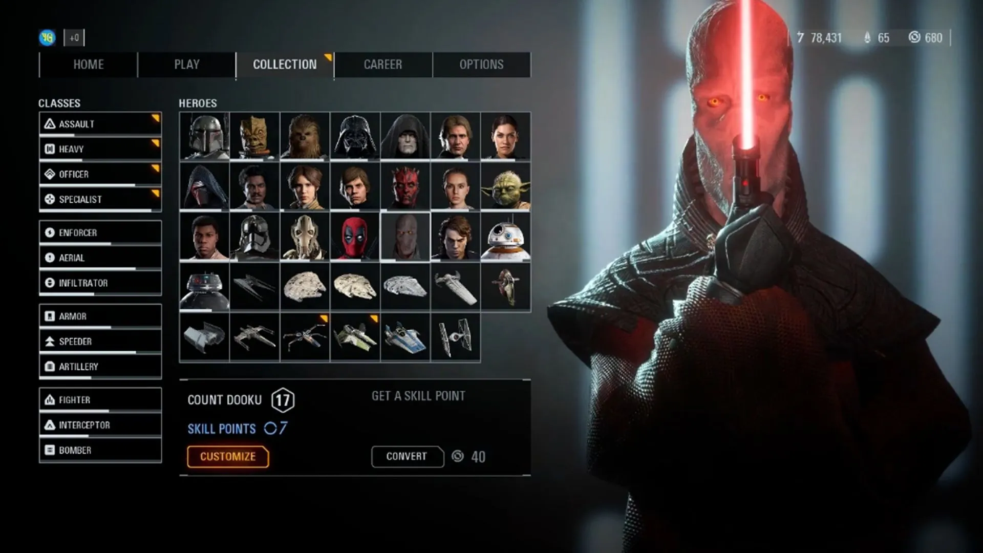 Chân dung Darth Plagueis trong một bản mod được yêu thích của game Star Wars Battlefront 2