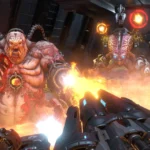 Chế độ chơi mạng Battlemode trong Doom Eternal với Doom Slayer và hai quỷ mạnh mẽ đối đầu