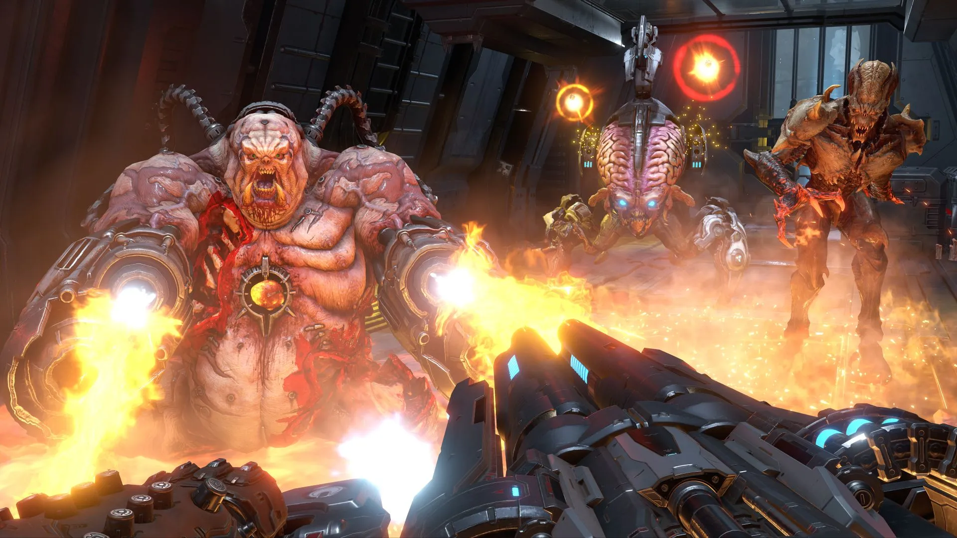 Chế độ chơi mạng Battlemode trong Doom Eternal với Doom Slayer và hai quỷ mạnh mẽ đối đầu