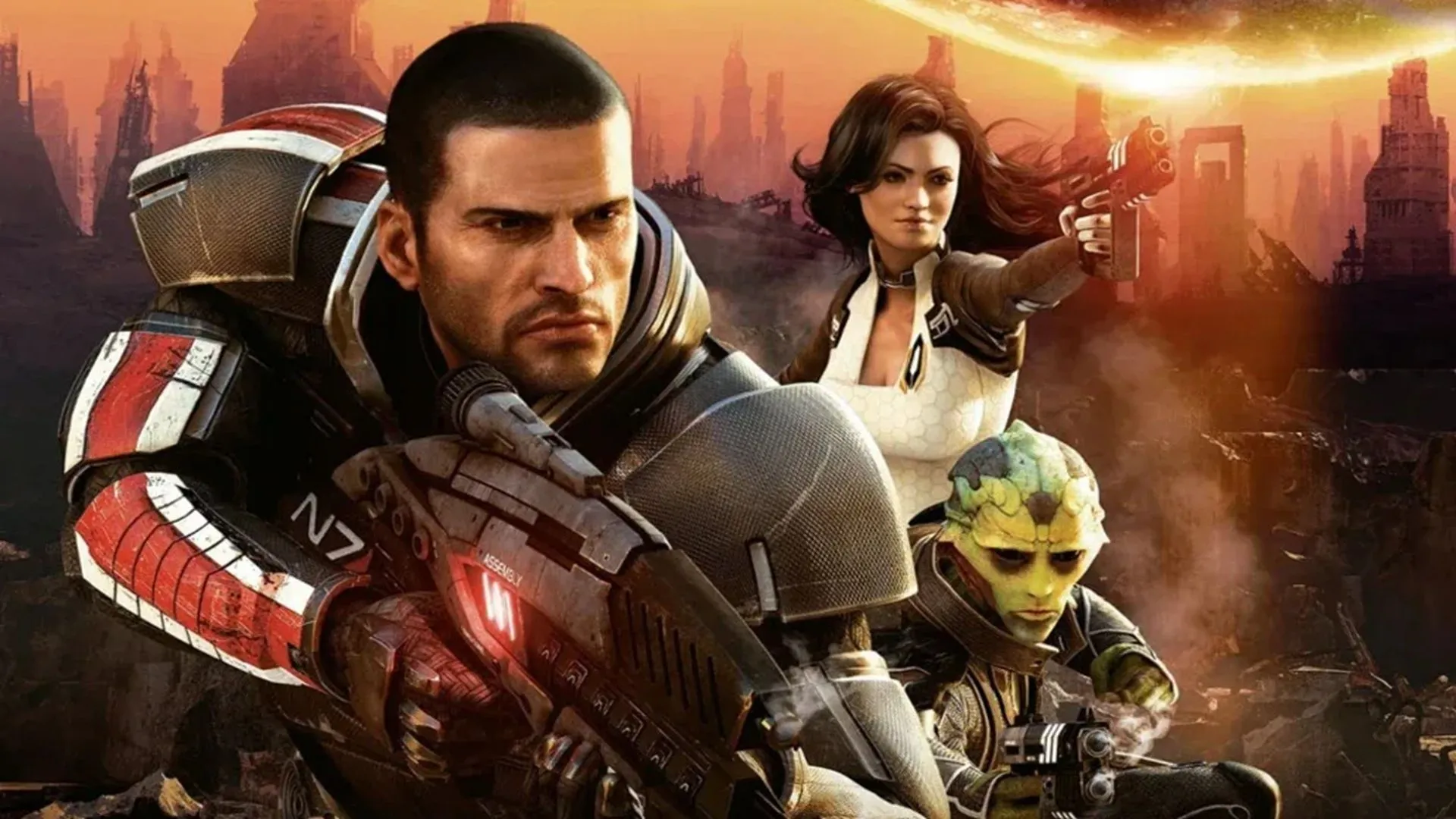 Chỉ huy Shepard và đội ngũ đồng hành trong một cảnh chiến đấu đầy kịch tính của game nhập vai Mass Effect 2