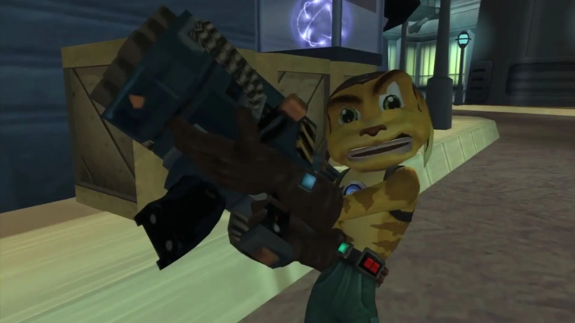 Chuột Ratchet cầm súng phóng tên lửa RYNO khổng lồ trong game Ratchet &amp; Clank