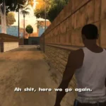 CJ trong Grand Theft Auto: San Andreas với câu thoại "Ôi chết tiệt... lại bắt đầu rồi..."