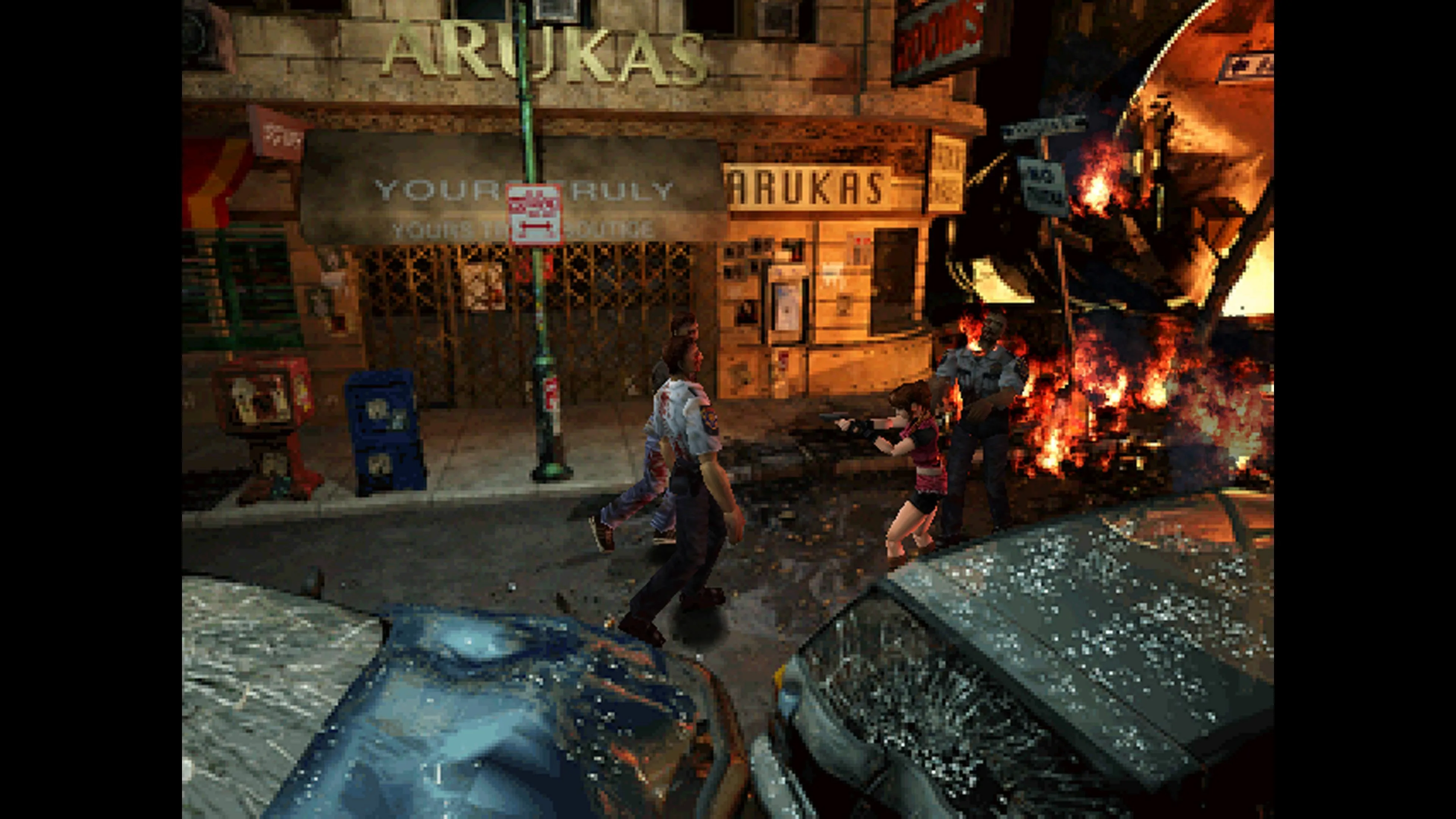 Claire Redfield chiến đấu với zombie trên đường phố Raccoon City trong game kinh dị Resident Evil 2