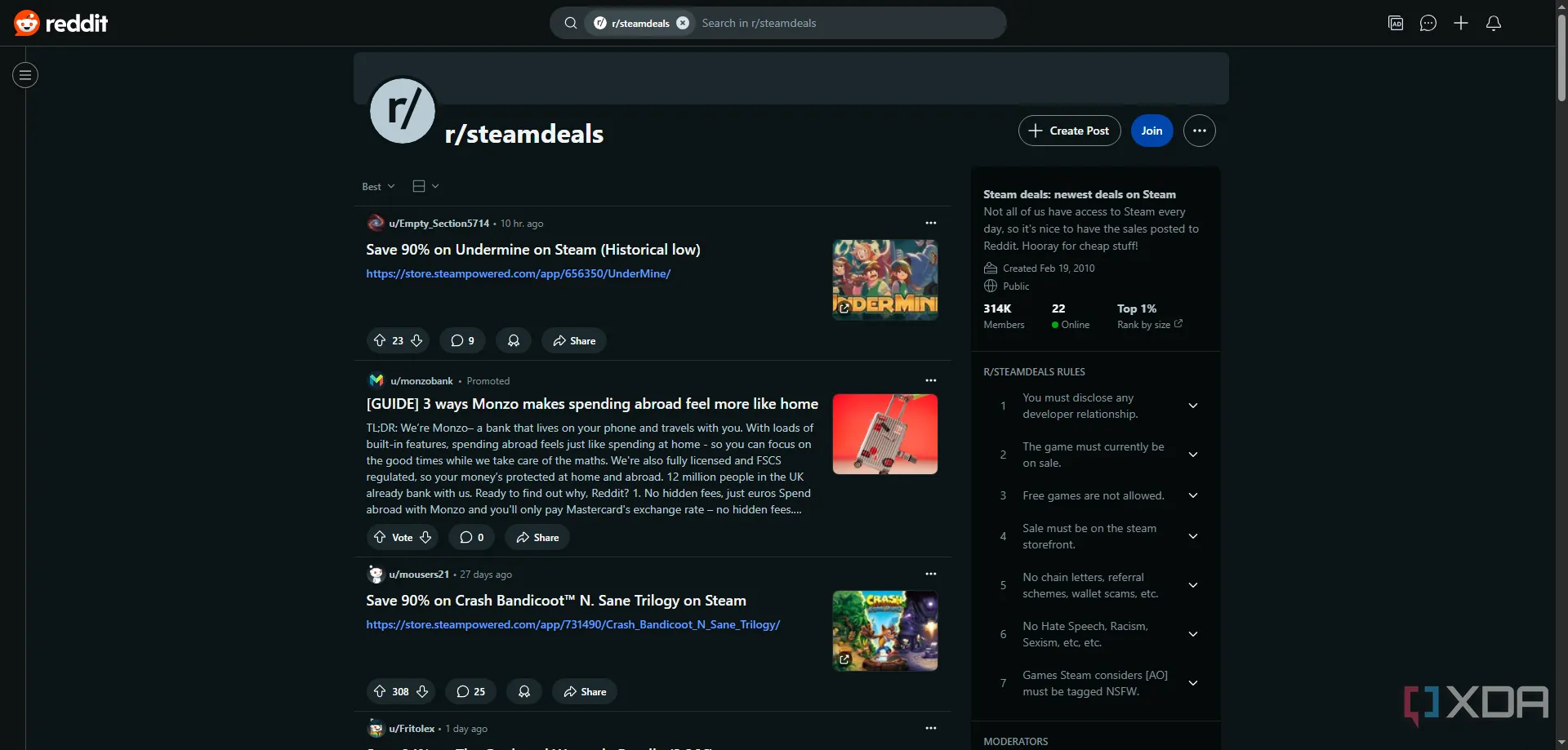 Cộng đồng Reddit r/steamdeals nơi chia sẻ các khuyến mãi game hấp dẫn