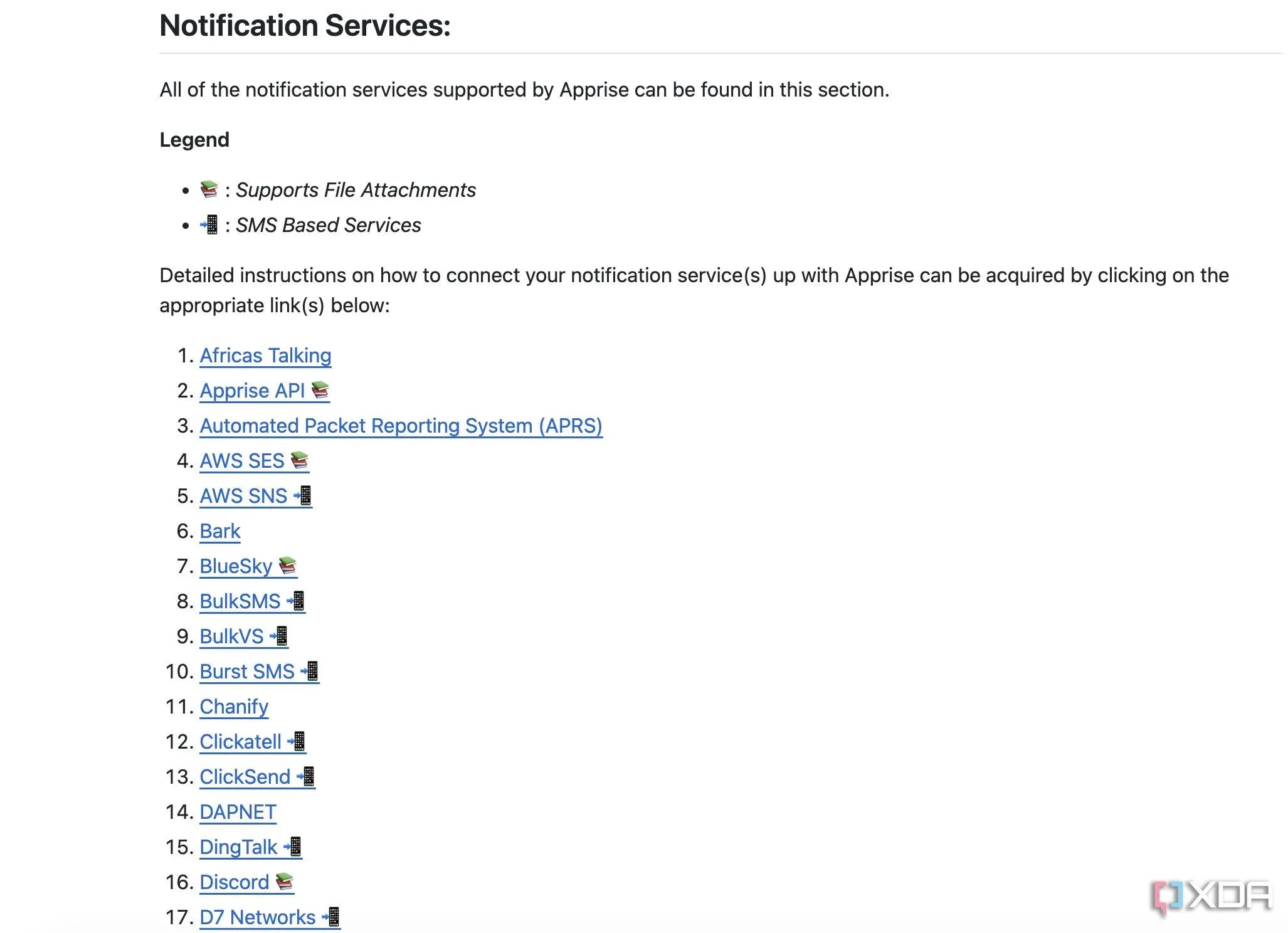 Danh sách đa dạng các dịch vụ thông báo được Apprise hỗ trợ