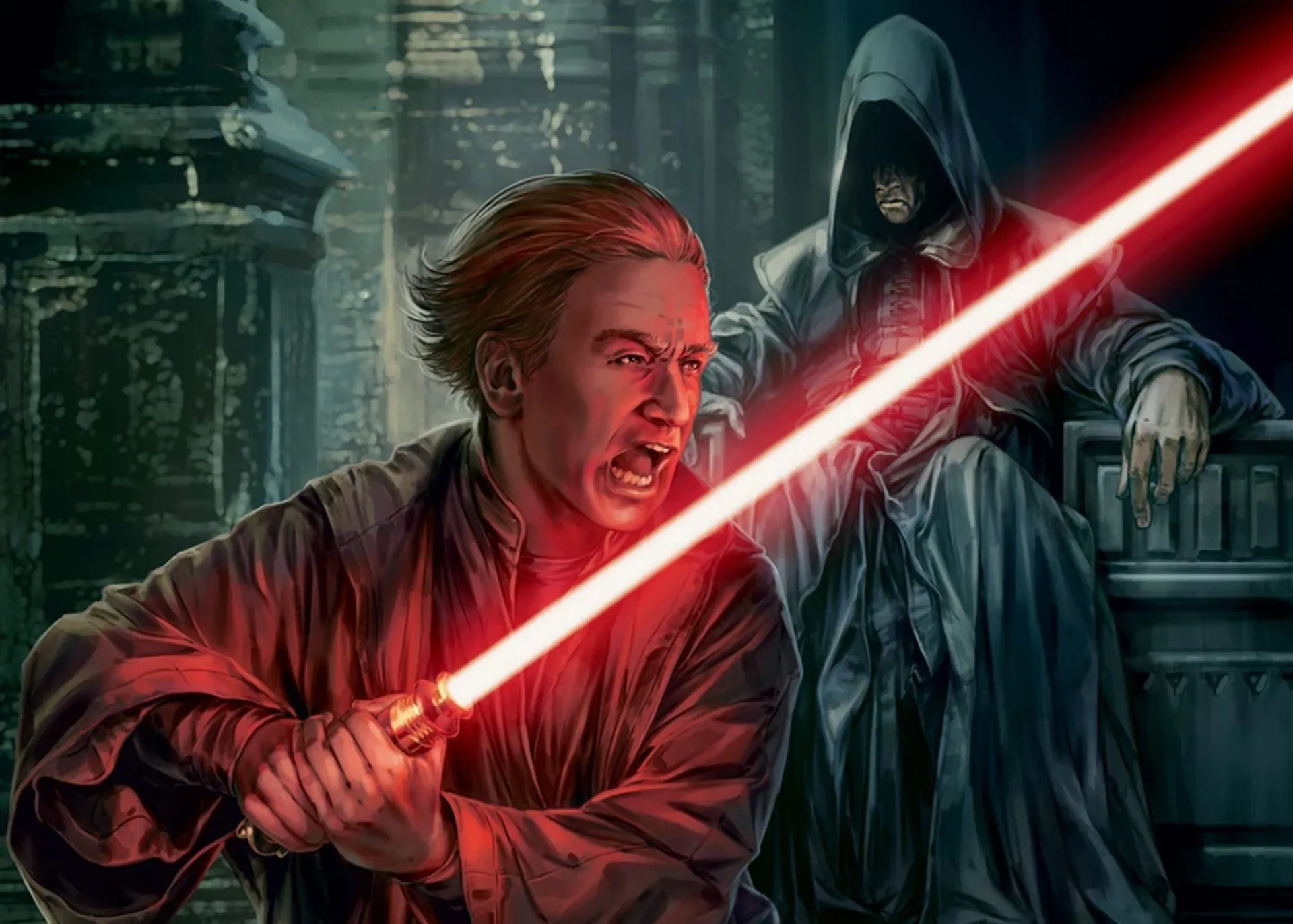 Darth Plagueis huấn luyện Palpatine, minh họa về sự truyền thừa của Sith từ Jedi vs. Sith: The Essential Guide to the Force