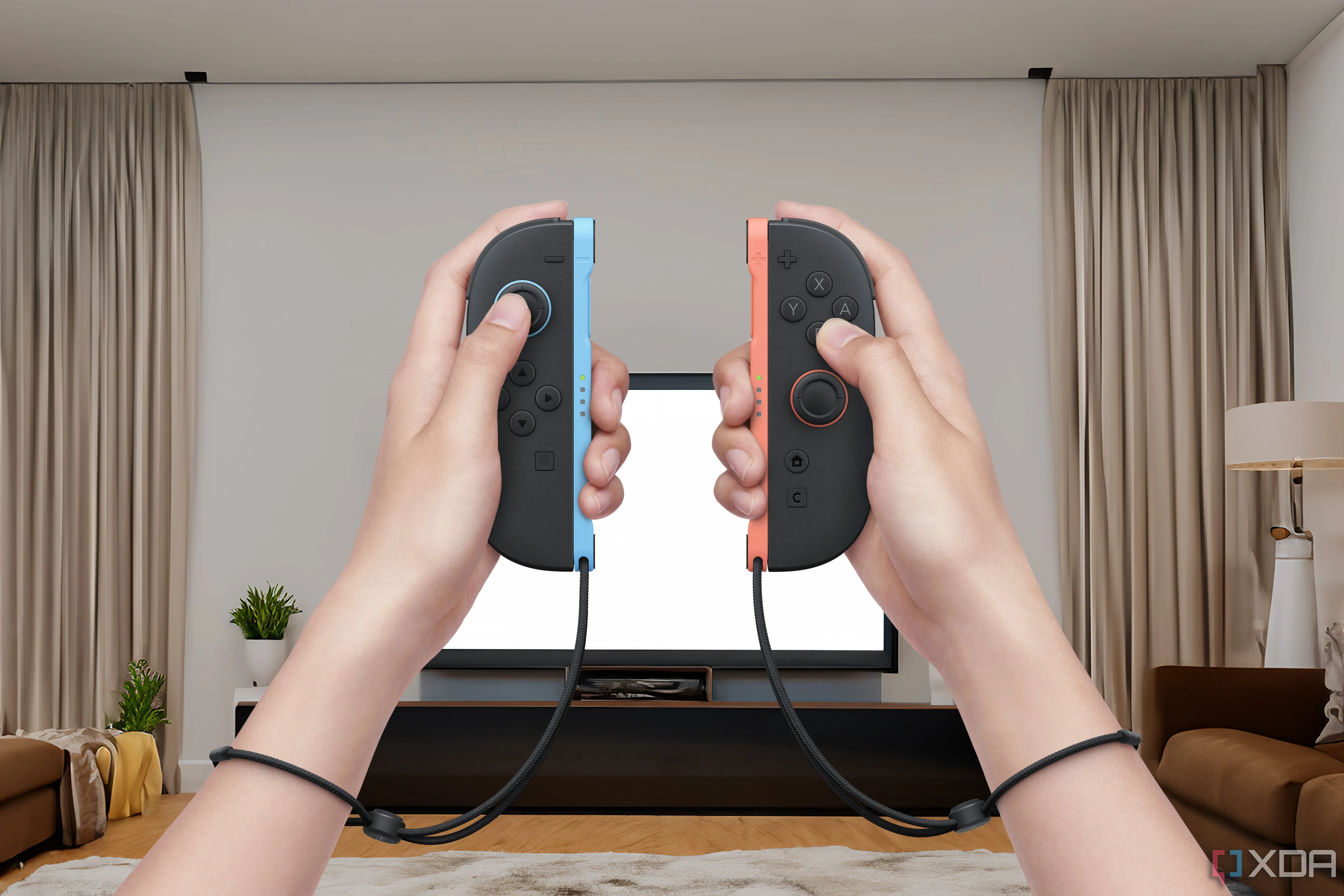 Đôi tay đang cầm bộ điều khiển Joy-Con 2 của Nintendo Switch 2 khi chơi game trên TV.