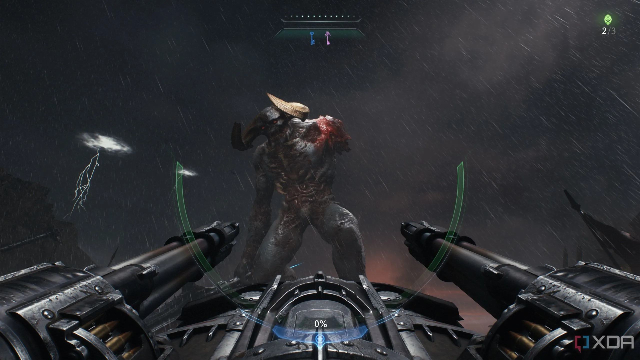 Doom Slayer khai hỏa tháp pháo vào một con titan quỷ khổng lồ trong Doom: The Dark Ages.