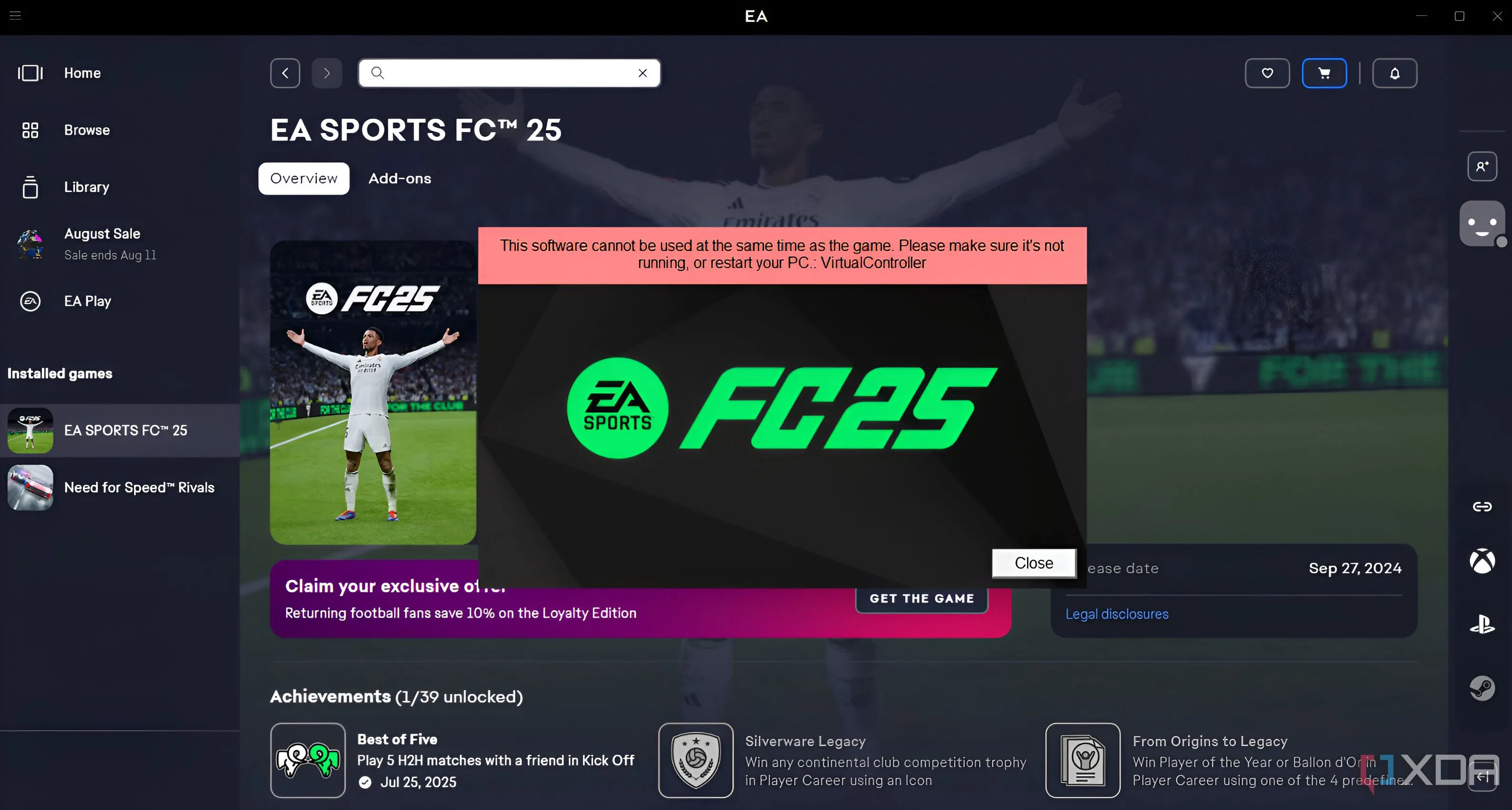 EA Sports FC 25 hiển thị lỗi không thể khởi chạy do phát hiện chương trình điều khiển ảo trên máy tính.