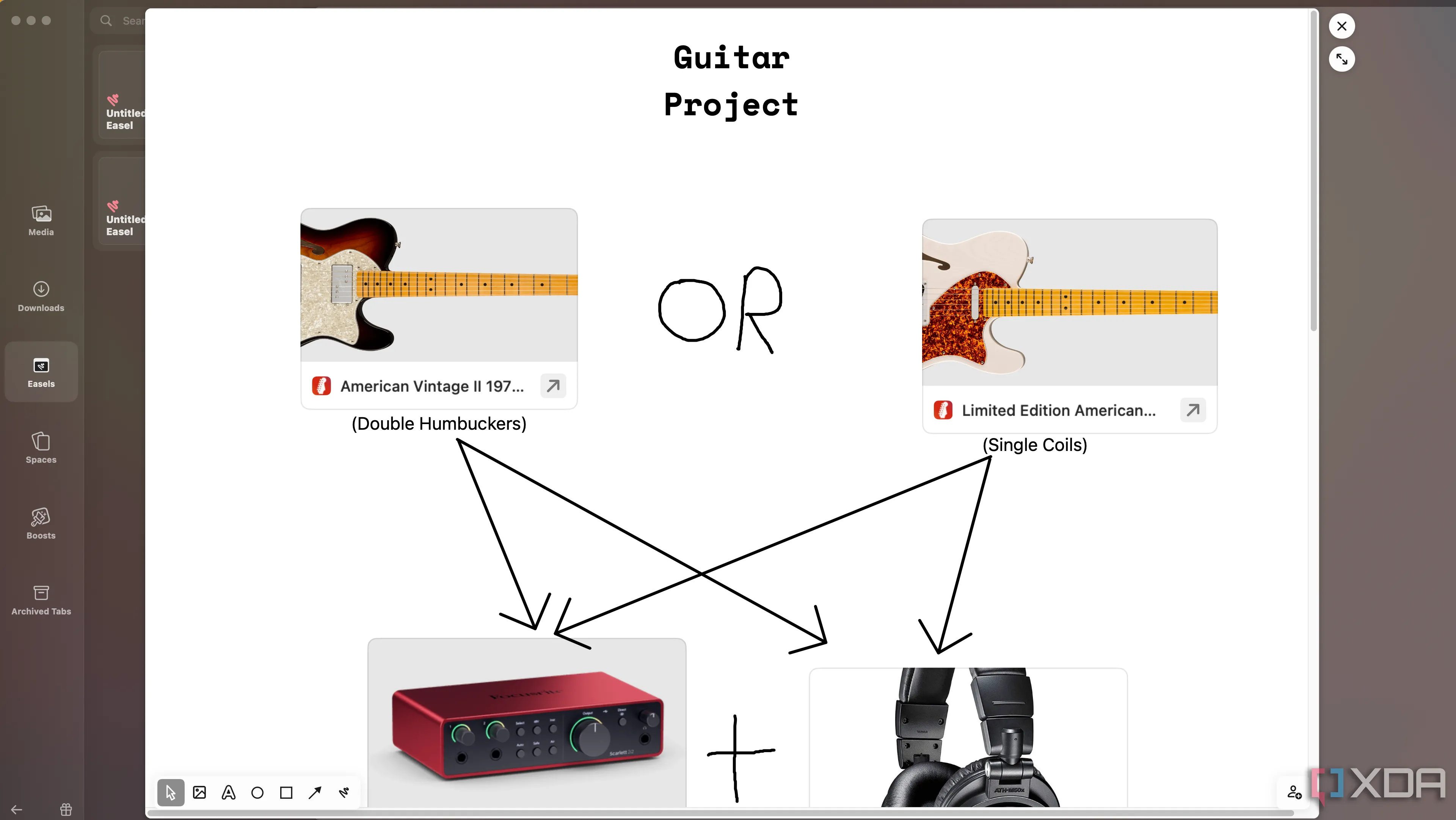 Easel đang mở trong Arc hiển thị bảng ý tưởng về guitar