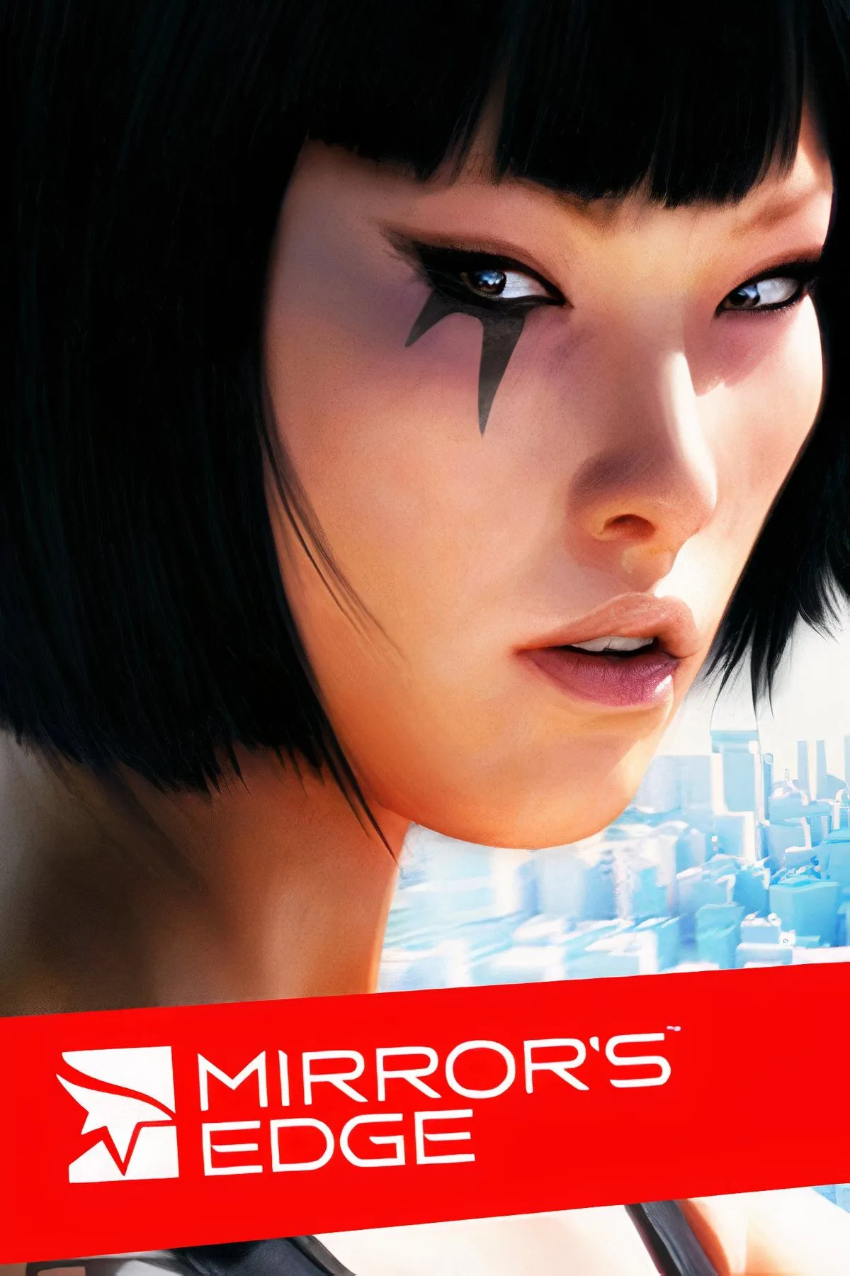 Faith chạy parkour trên những mái nhà cao tầng trong Mirror's Edge, nổi bật với phong cách đồ họa tối giản trắng sáng