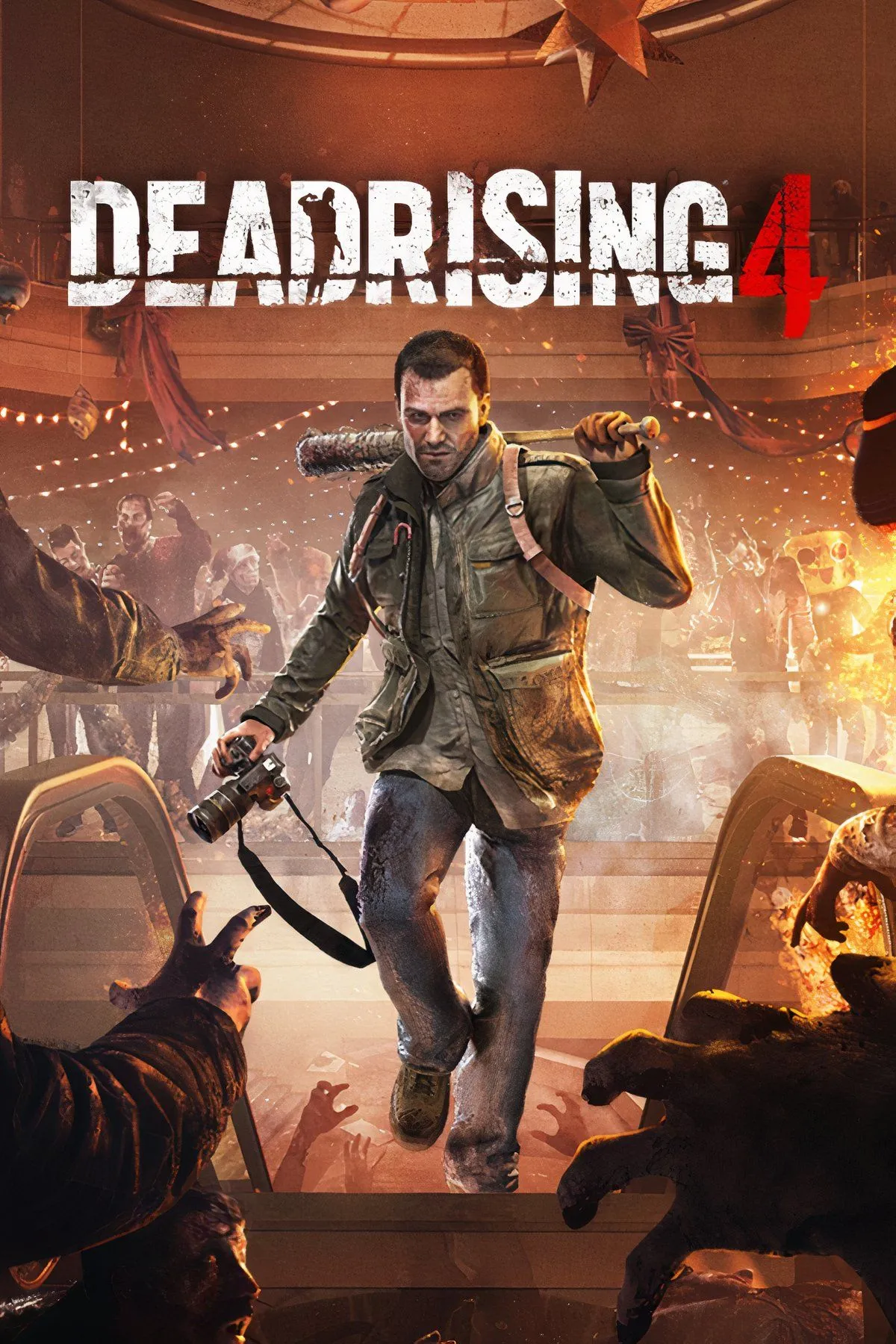 Frank West trong Dead Rising 4 với khung cảnh zombie và hiệu ứng vũ khí