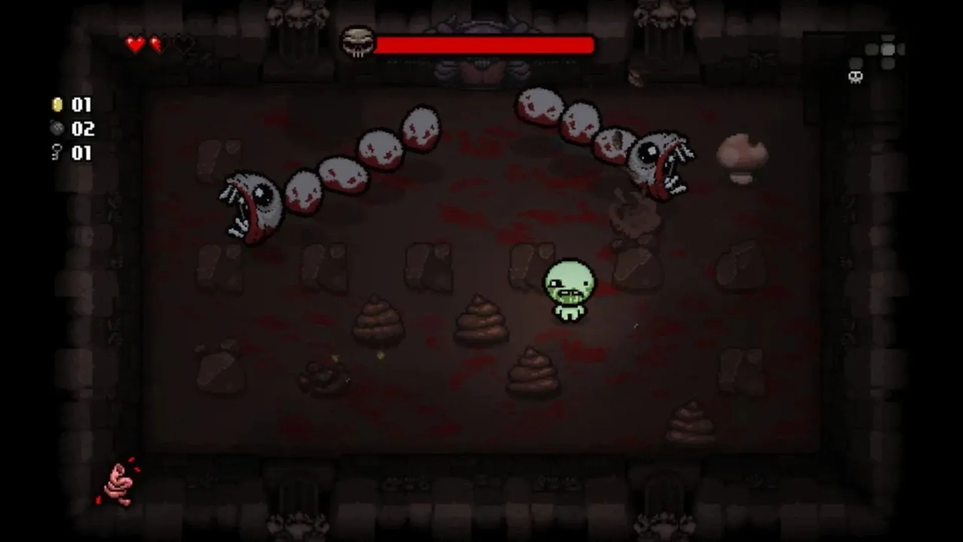 Gameplay của The Binding of Isaac Rebirth với nhân vật chính chiến đấu trong hầm ngục