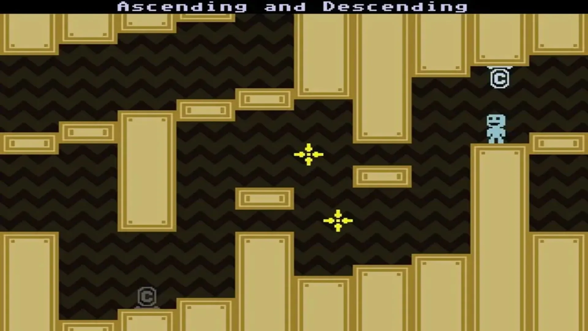 Gameplay của VVVVVV với Captain Viridian vượt qua chướng ngại vật bằng cách đảo trọng lực