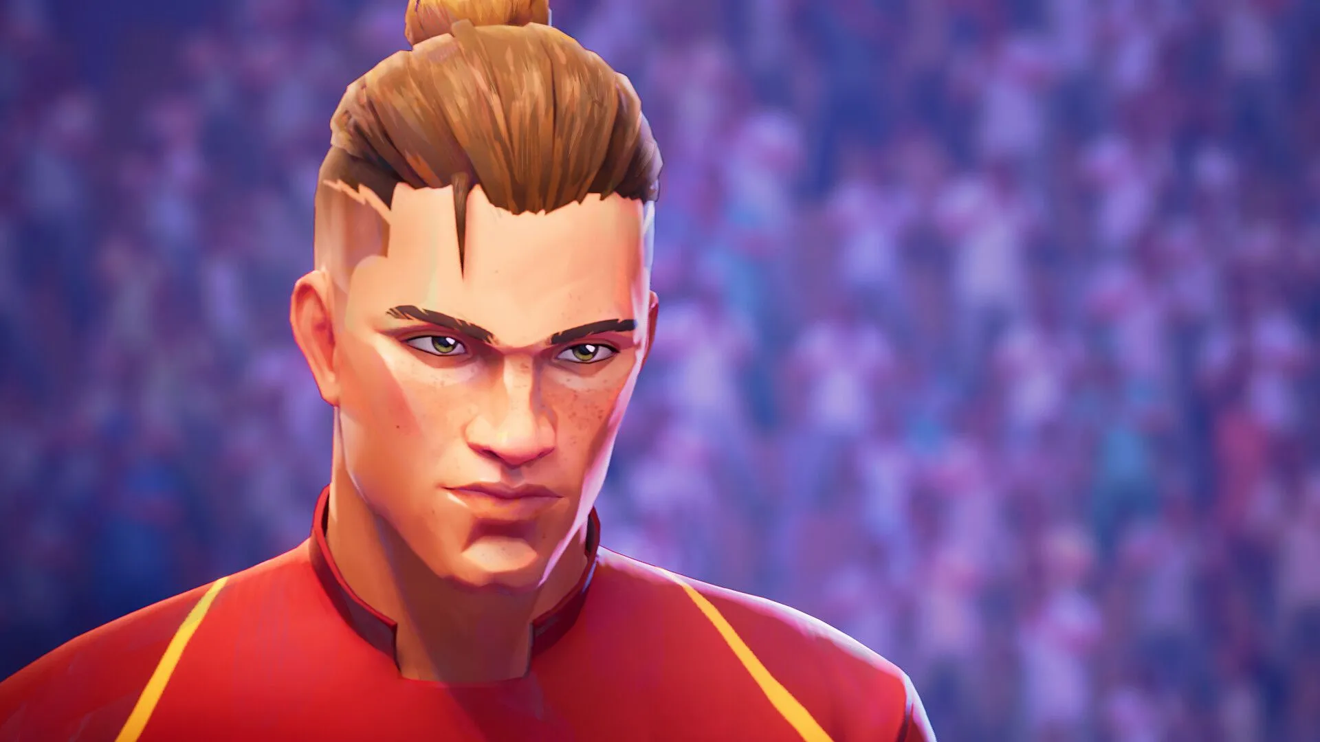 Gameplay Rematch với một cầu thủ đang giữ bóng trên sân cỏ năng động
