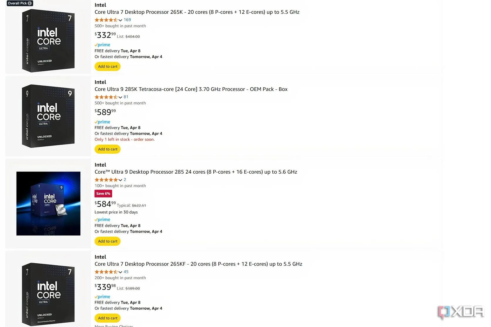 Giá bán các dòng CPU Intel Core Ultra trên Amazon