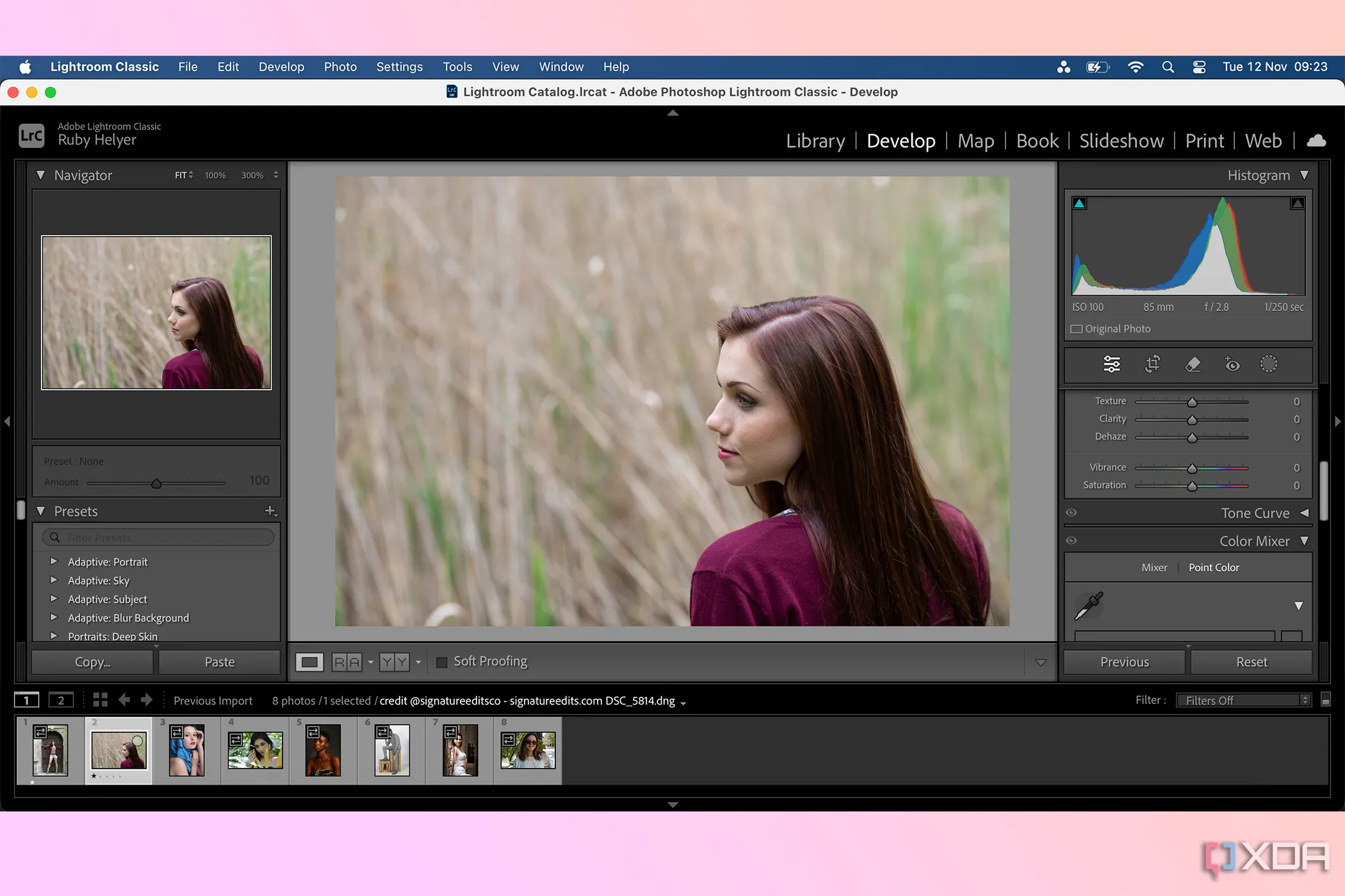 Giao diện Adobe Lightroom trên máy tính đang chỉnh sửa ảnh với ổ cứng SSD di động