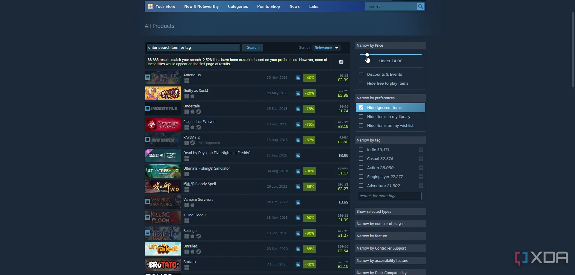 Giao diện bộ lọc tìm kiếm game giá rẻ trên cửa hàng Steam