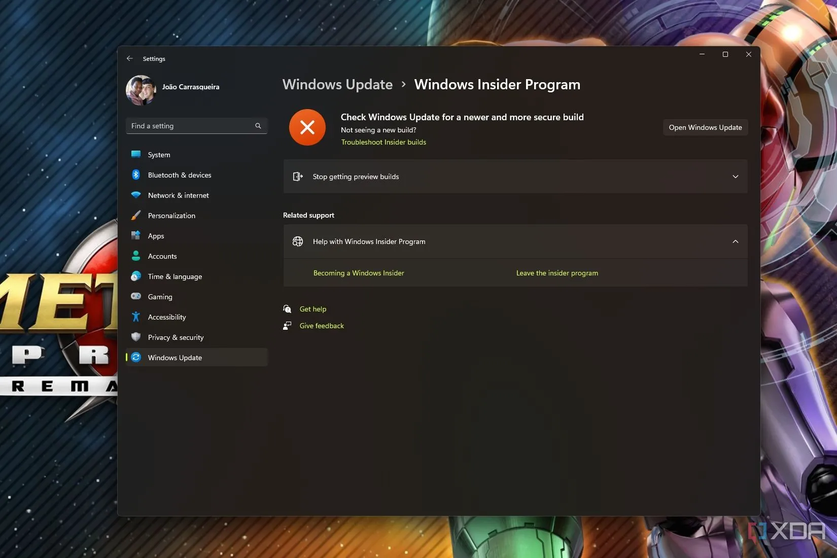Giao diện cài đặt chương trình Windows Insider trong Windows 11, nơi người dùng tham gia thử nghiệm các bản dựng hệ điều hành sớm.