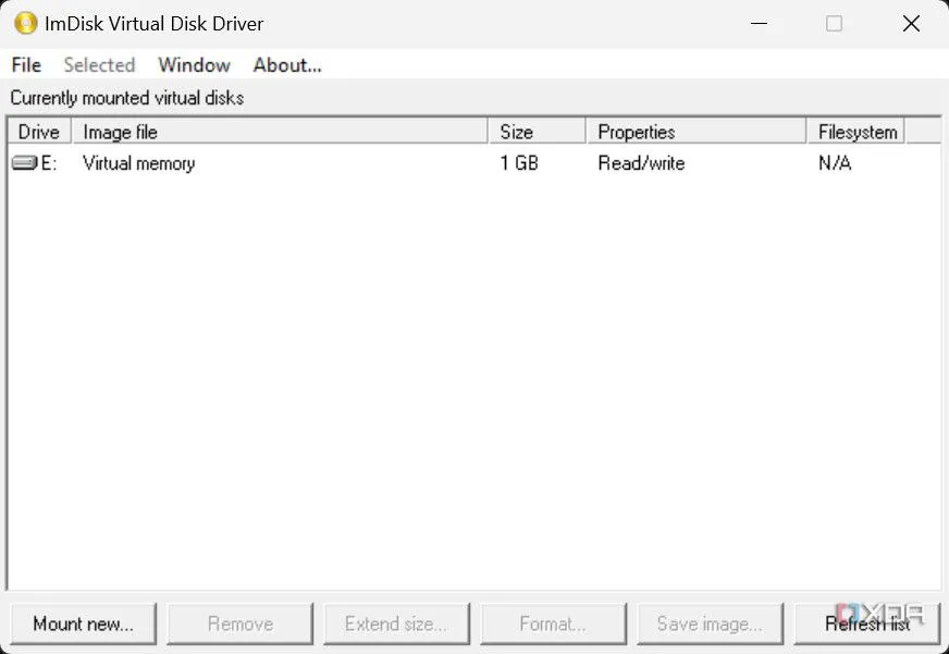 Giao diện chính của phần mềm ImDisk Virtual Disk Driver