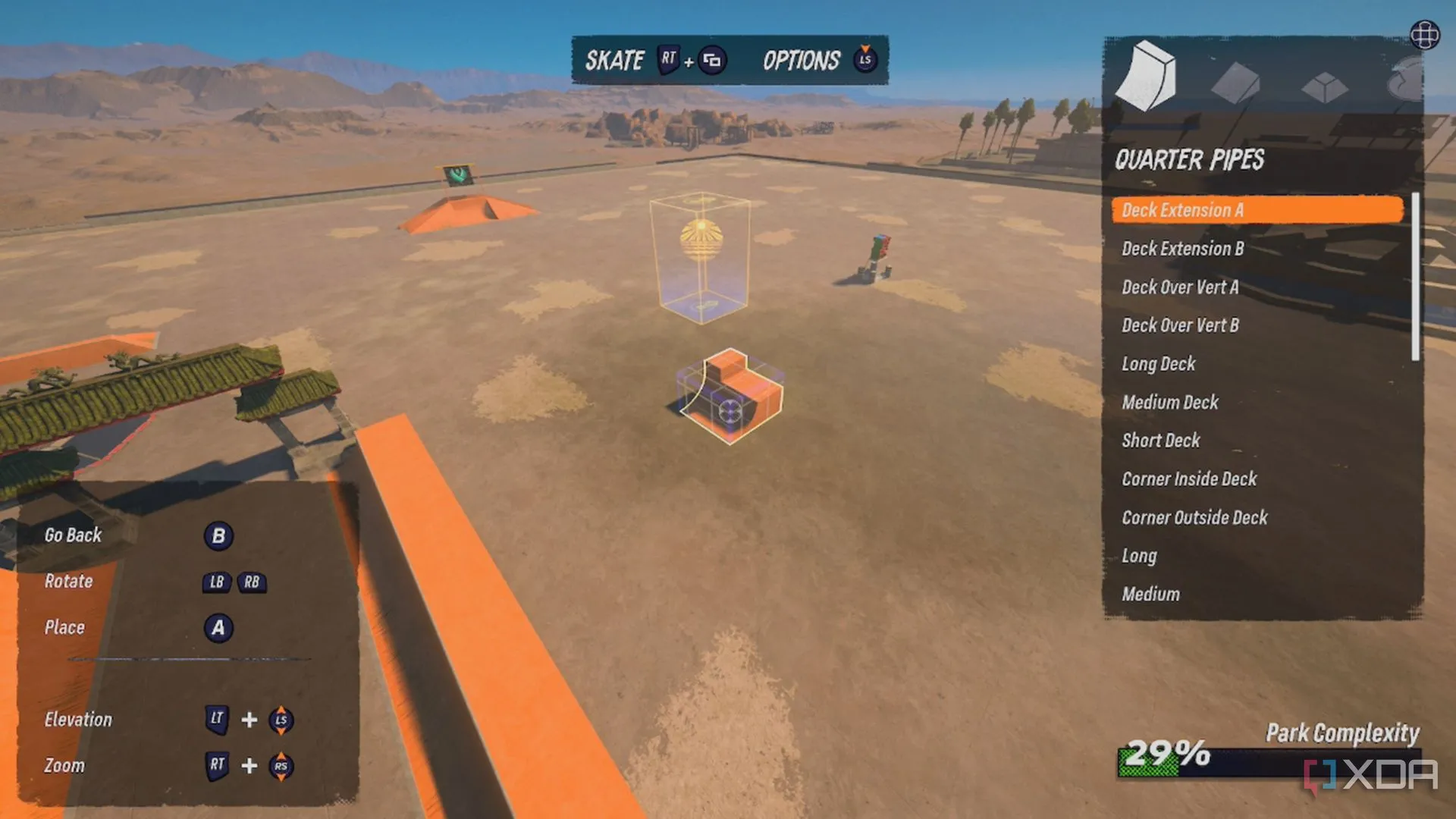 Giao diện chỉnh sửa sân trượt Custom Park Editor trong Tony Hawk's Pro Skater 3+4, thể hiện tính năng sáng tạo rộng lớn
