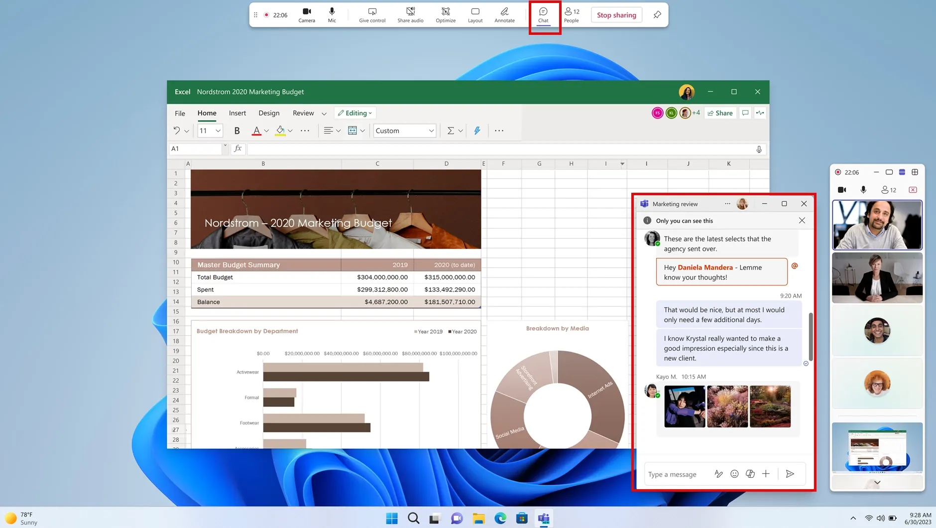 Giao diện cửa sổ chat riêng tư trong Microsoft Teams khi chia sẻ màn hình