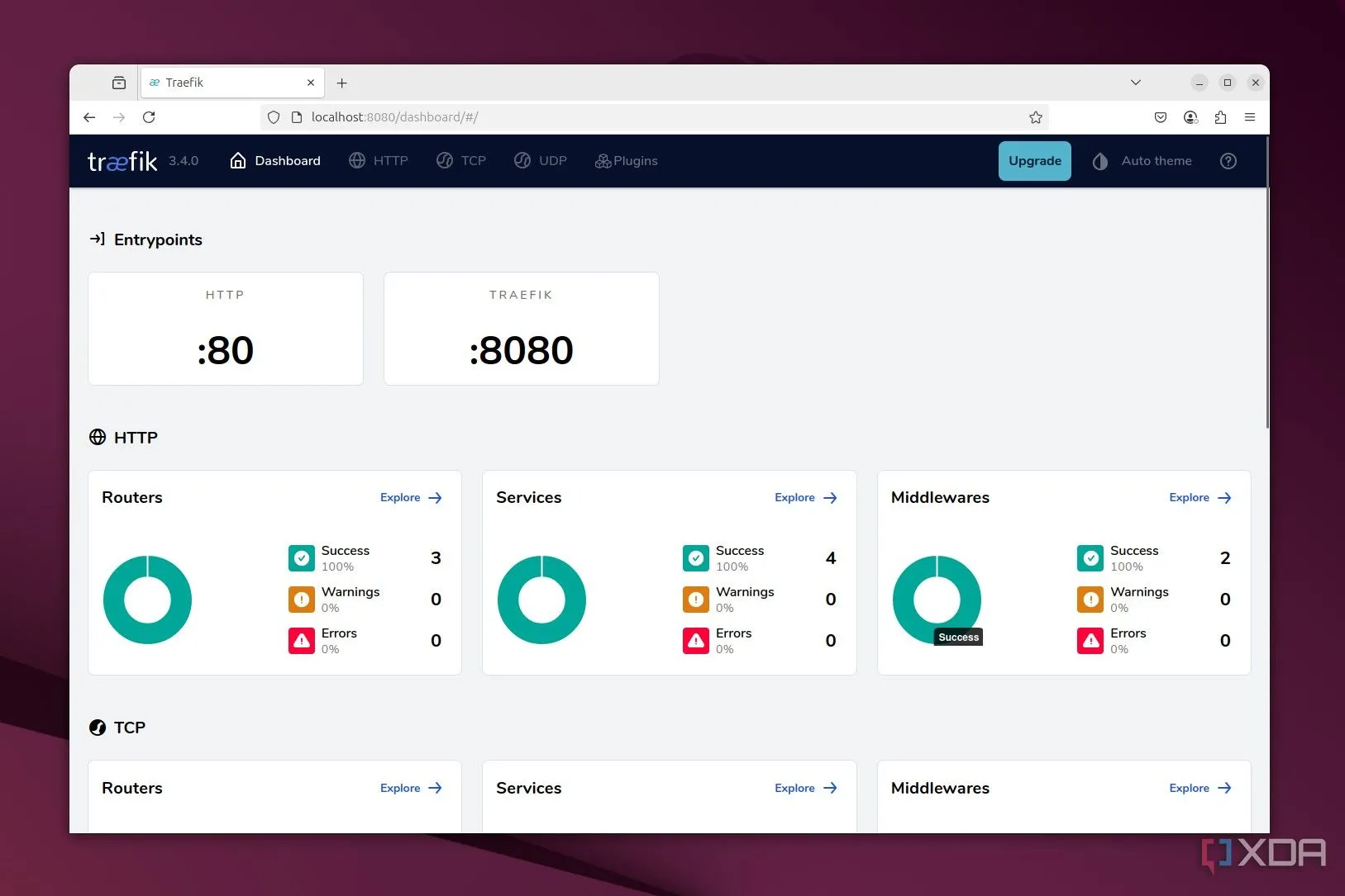 Giao diện dashboard của Traefik hiển thị các dịch vụ Docker đang hoạt động và trạng thái định tuyến SSL.