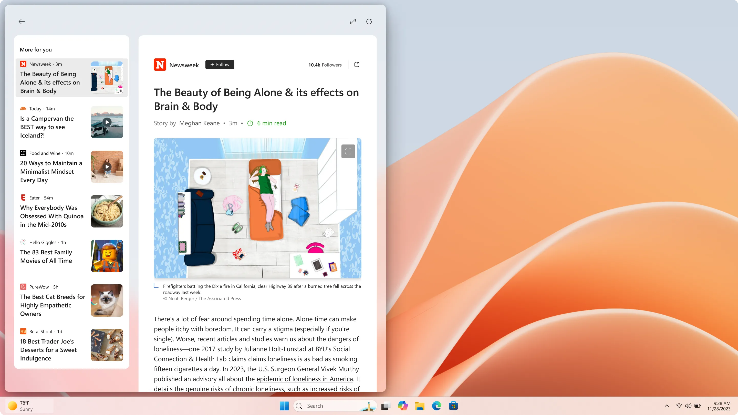 Giao diện đọc tin tức MSN trực tiếp trong Widgets trên Windows 11 Beta