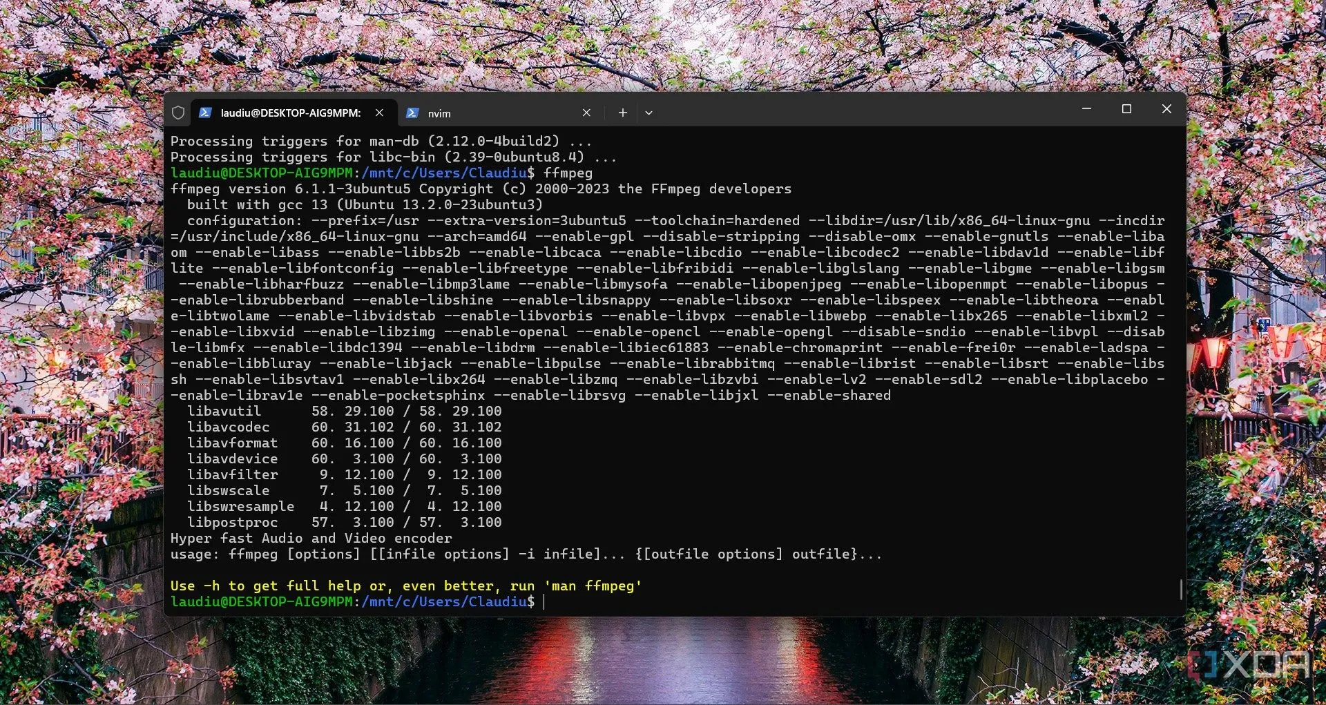 Giao diện dòng lệnh chạy ffmpeg trên Fedora Linux trong WSL trên Windows 11