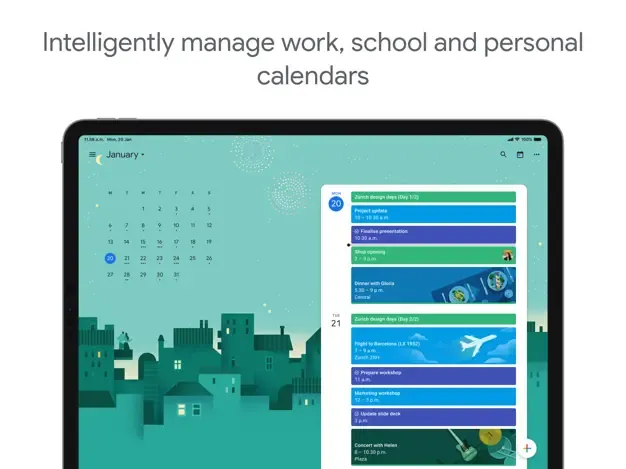 Giao diện Google Calendar trên iPad hiển thị lịch và các tác vụ Google Tasks đã đồng bộ.