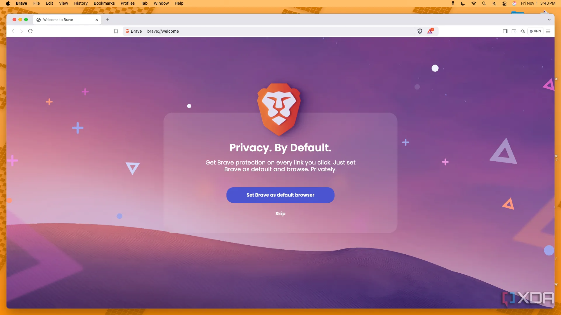Giao diện khởi động của Brave Browser trên macOS, thể hiện cam kết bảo vệ quyền riêng tư người dùng khỏi các mối đe dọa như Microsoft Recall.