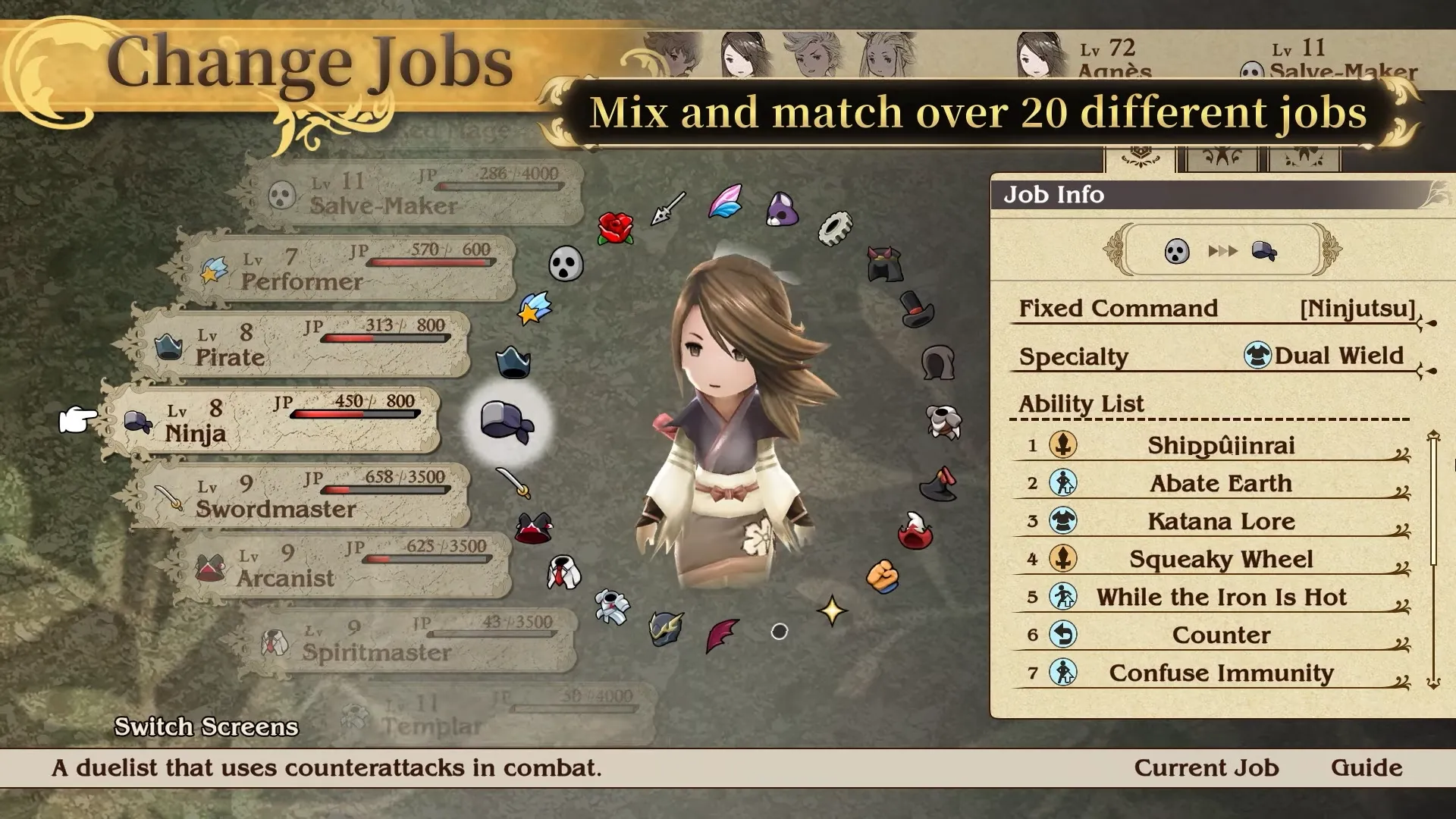Giao diện lựa chọn nghề nghiệp (Job System) trong Bravely Default Remaster, cho thấy sự đa dạng trong tùy biến nhân vật và lối chơi.