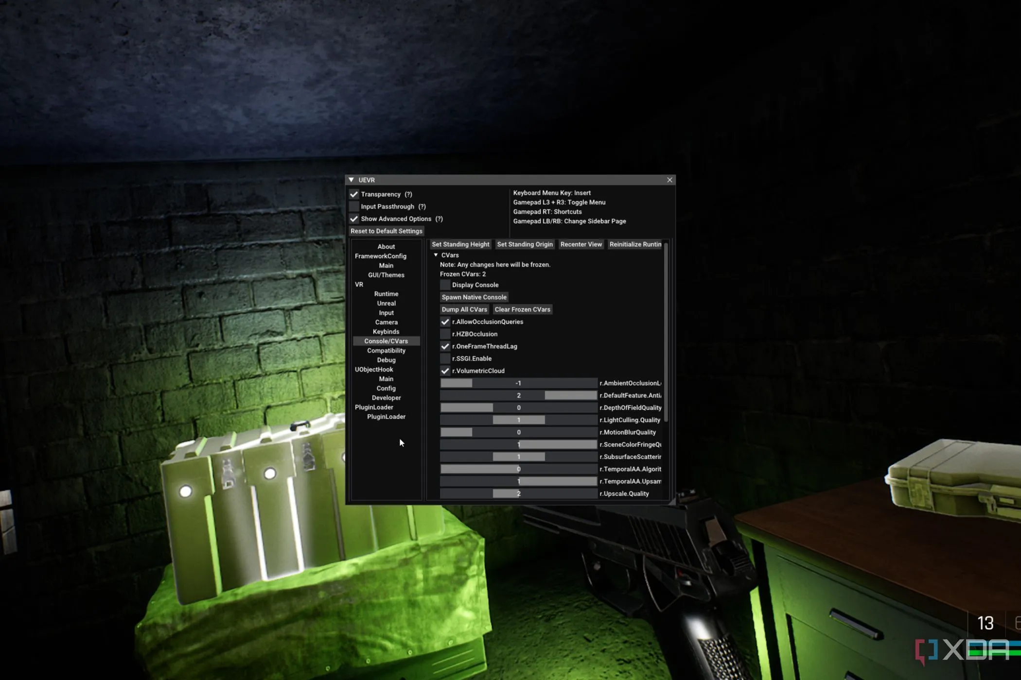 Giao diện menu của UEVR Injector trong game Trepang2, cho phép tùy chỉnh trải nghiệm VR với khả năng theo dõi 6DOF.
