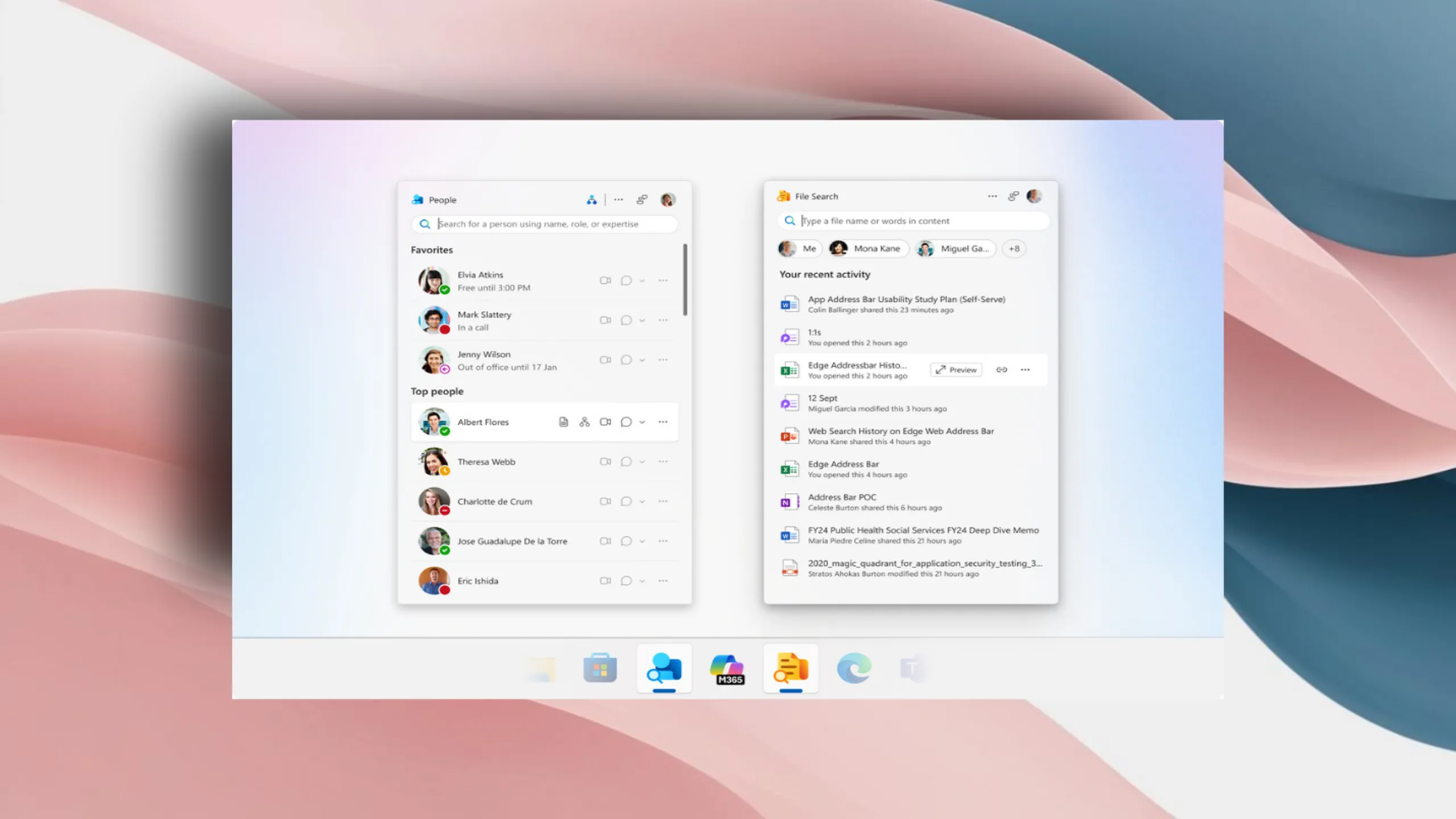Giao diện mini apps People và File Search trên Windows 11 PC