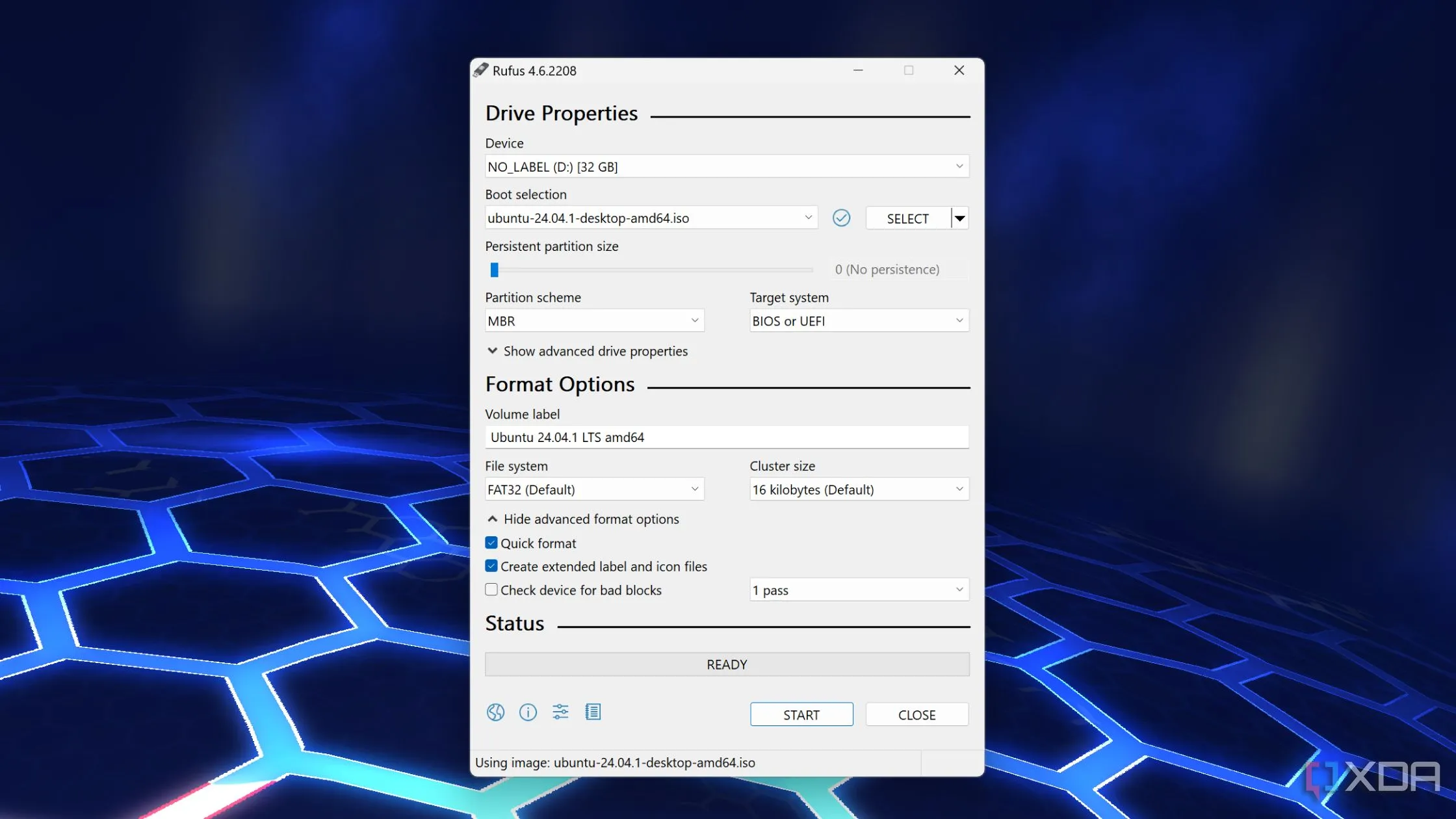Giao diện phần mềm Rufus đang ghi file ISO của Ubuntu lên ổ USB