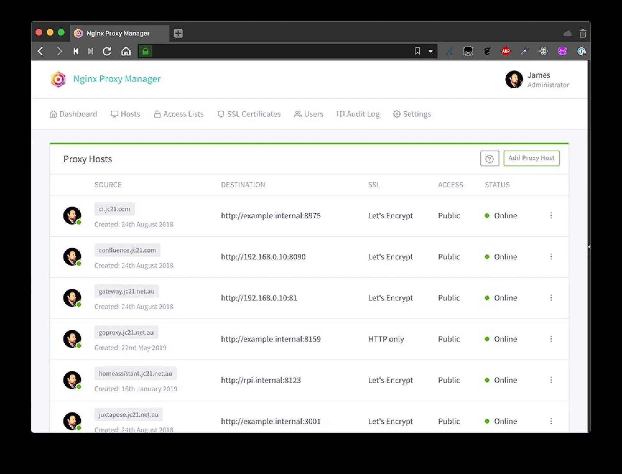 Giao diện quản lý host của Nginx Proxy Manager, minh họa cách cấu hình máy chủ web và học hỏi kỹ năng.