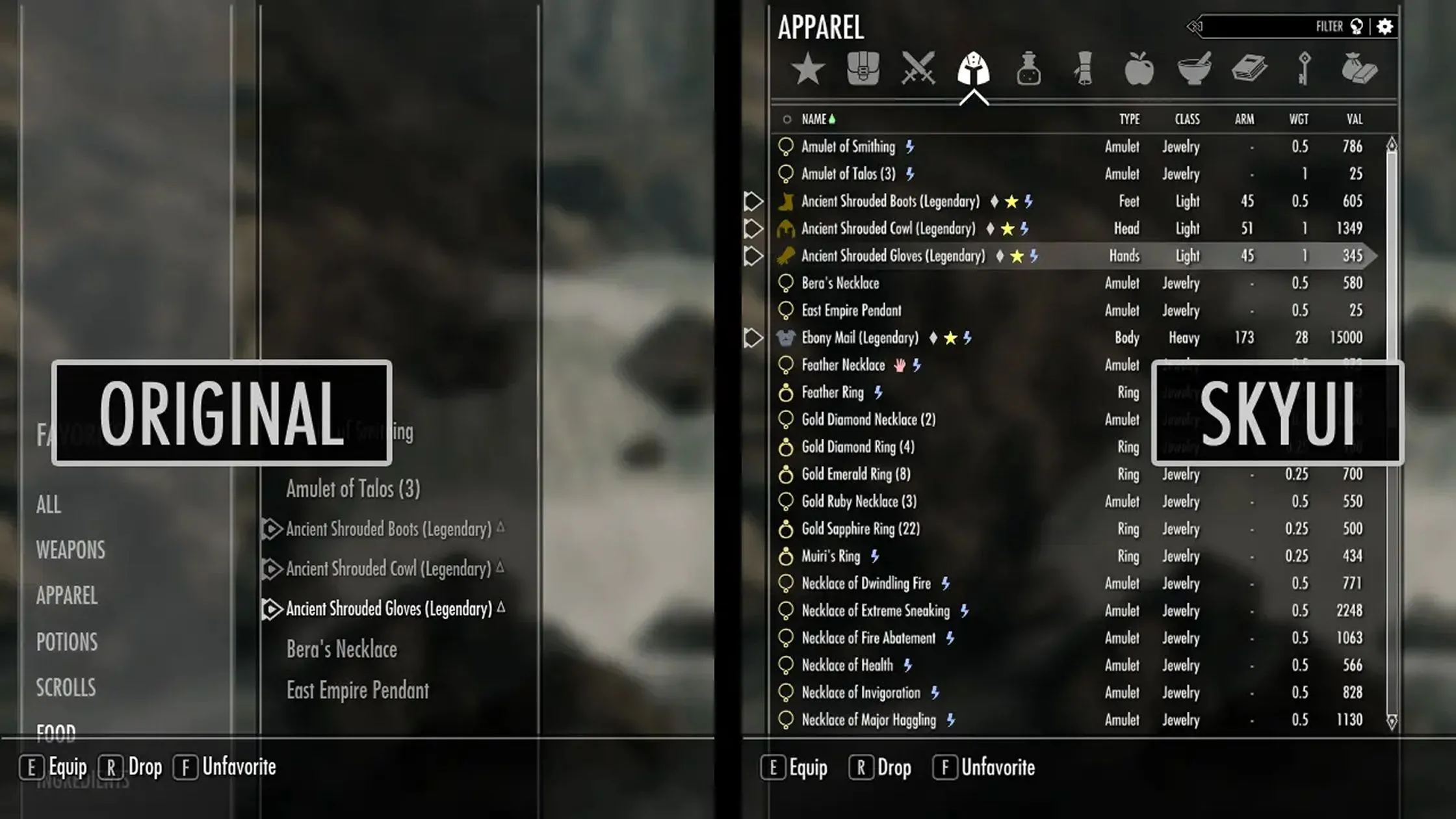 Giao diện SkyUI được tối ưu, hiển thị thông tin rõ ràng trong Skyrim