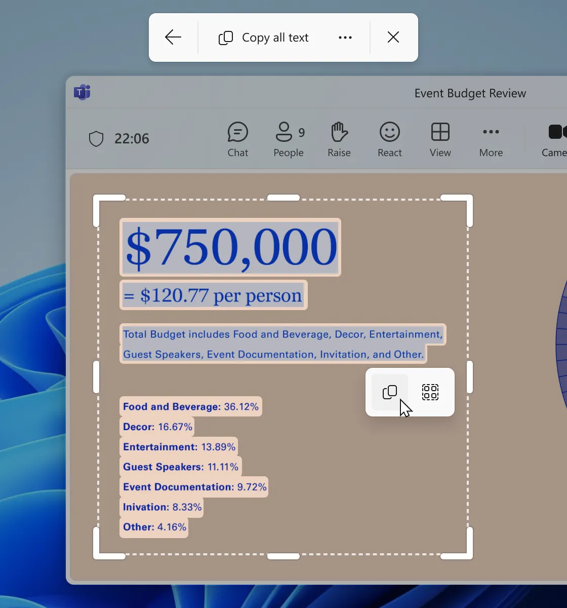 Giao diện Snipping Tool Windows 11 với tính năng trích xuất văn bản OCR