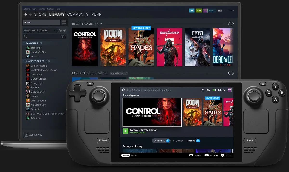Giao diện Steam trên laptop và SteamOS trên Steam Deck