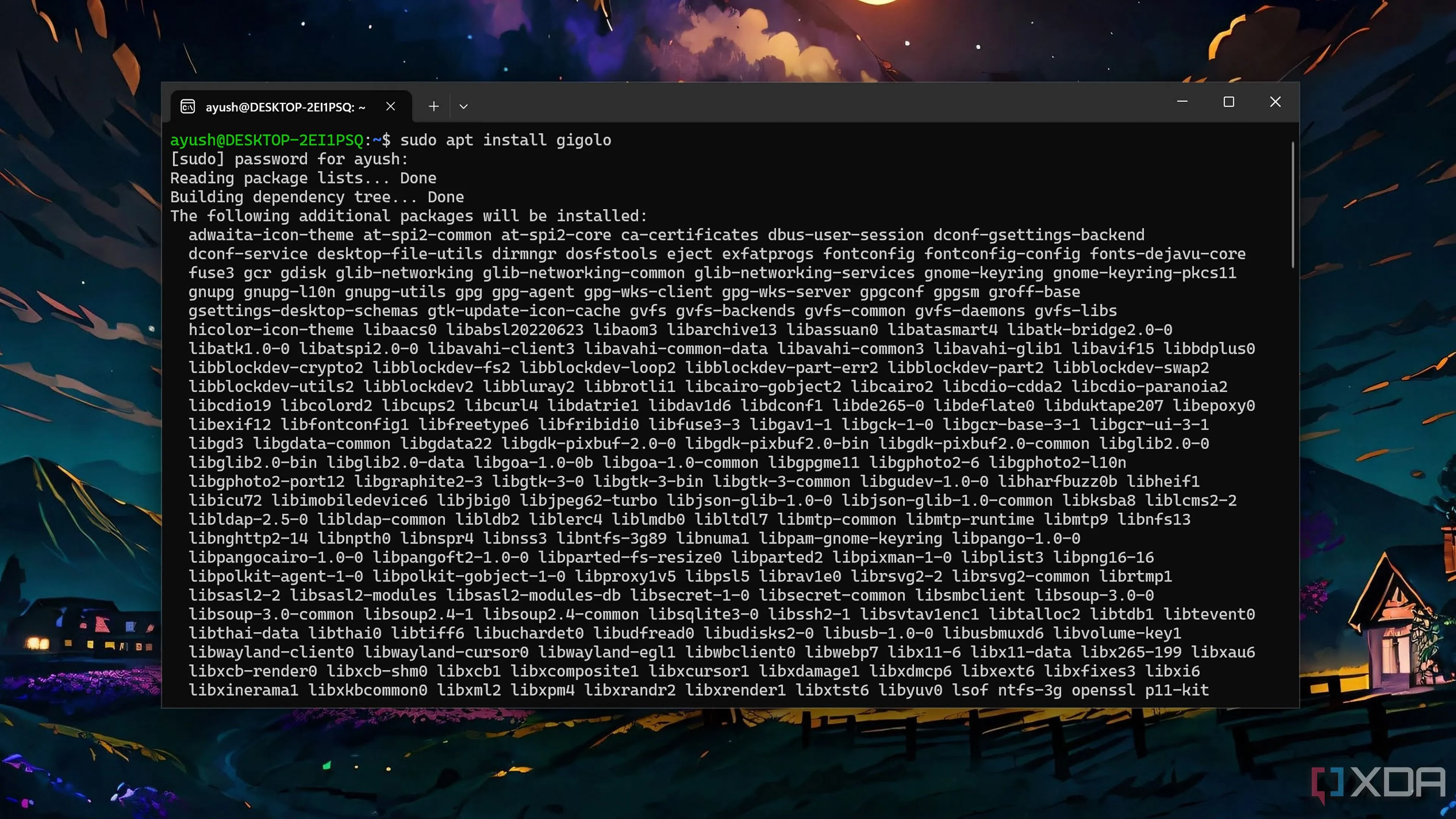 Giao diện terminal của Windows Subsystem for Linux 2 (WSL2) hiển thị quá trình cài đặt ứng dụng Gigolo, minh họa khả năng chạy các công cụ Linux bên trong môi trường Windows 11 VM.