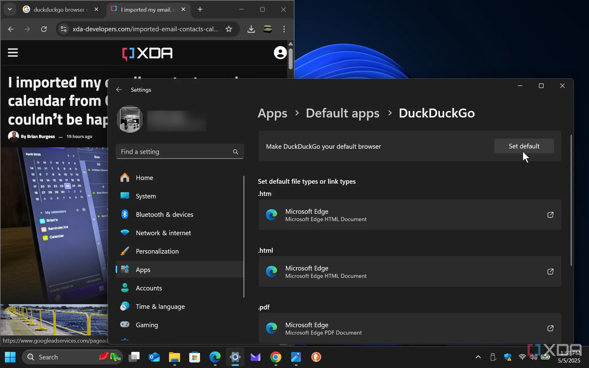 Giao diện thiết lập trình duyệt mặc định trên hệ điều hành Windows 11